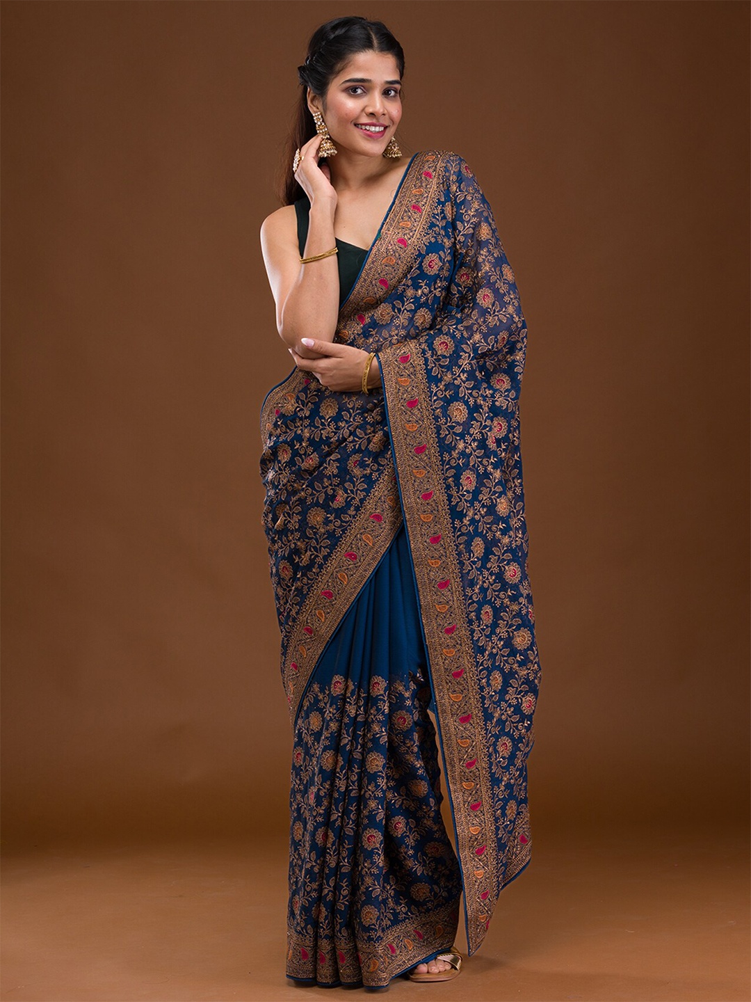 

Koskii Floral Embroidered Georgette Saree, Blue