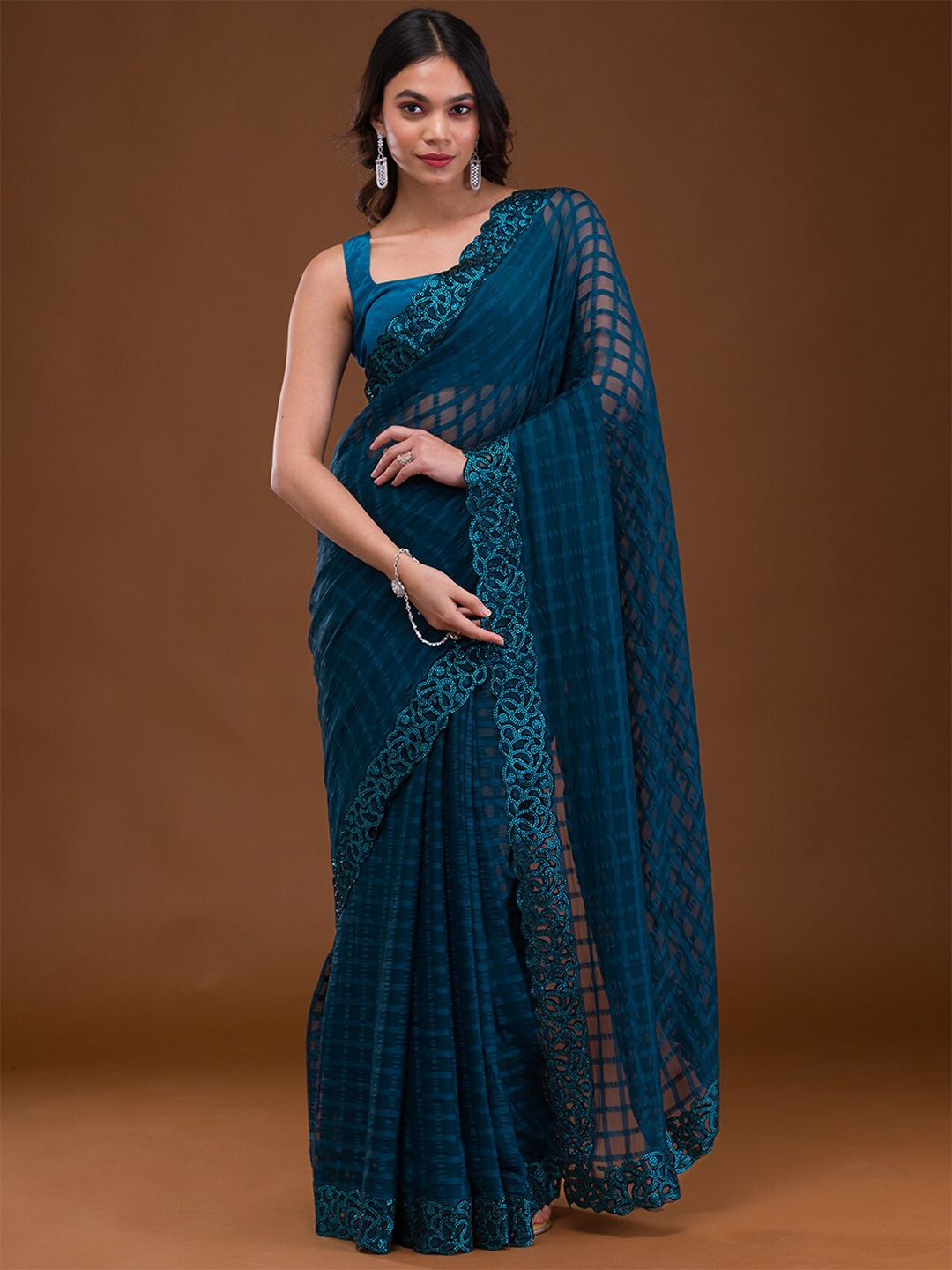 

Koskii Checked Beads and Stones Satin Saree, Blue