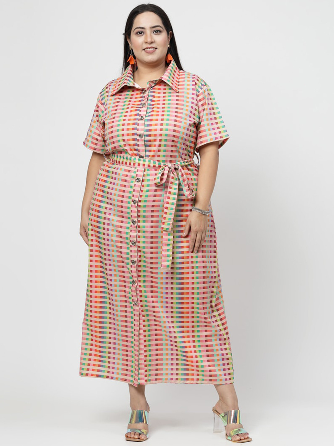 

Flambeur Plus Size Printed Crepe Shirt Maxi Dress, Pink