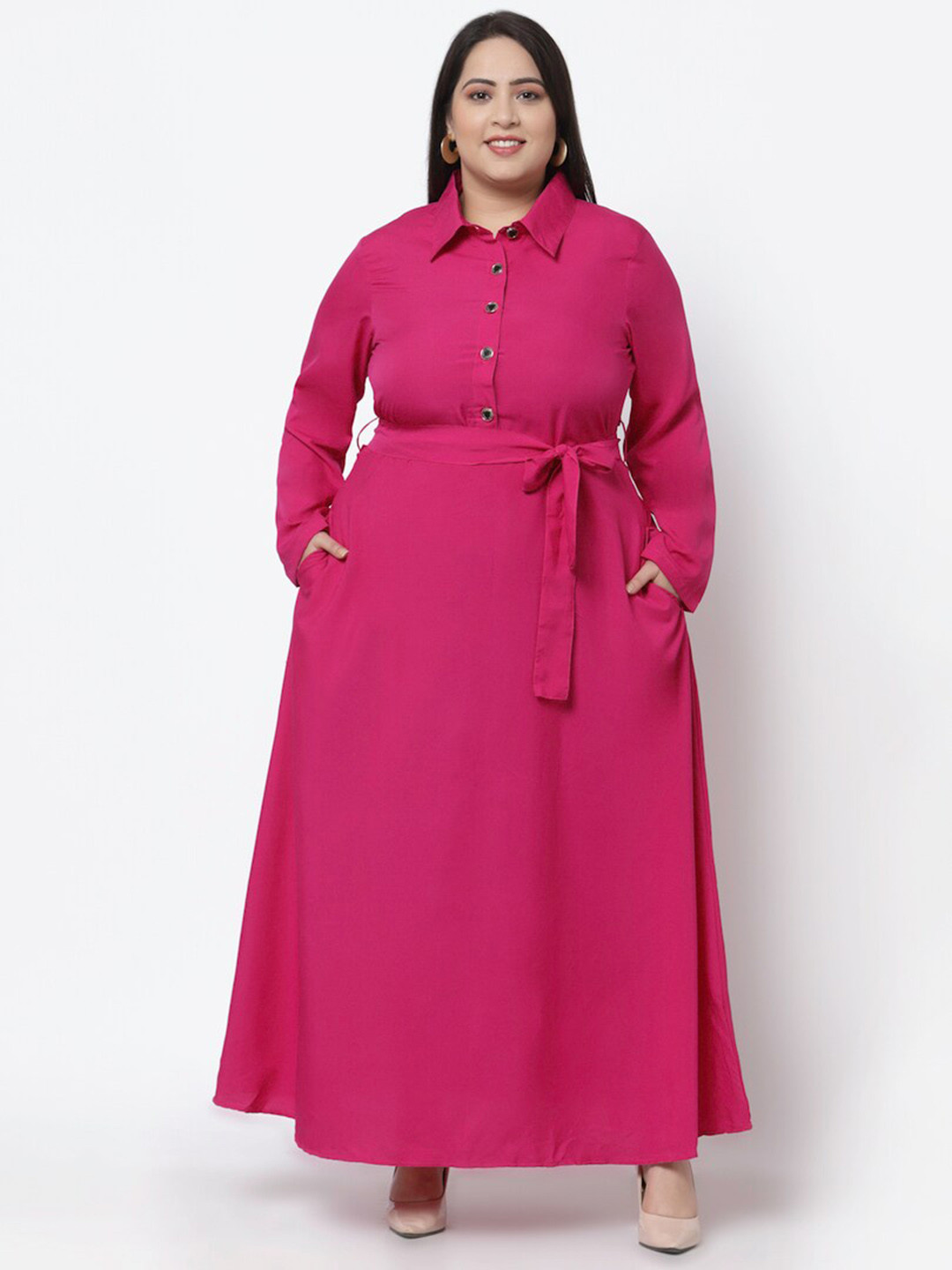 

Flambeur Crepe Shirt Collar Maxi Dress, Pink