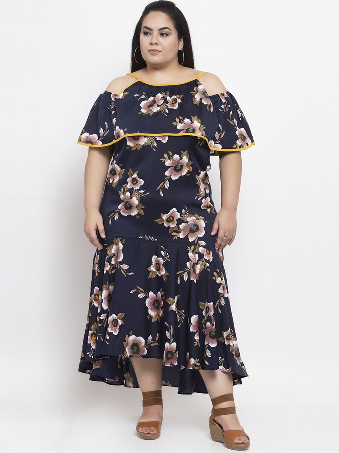 

Flambeur Plus Size Floral Print Cold-Shoulder Crepe A-Line Midi Dress, Navy blue