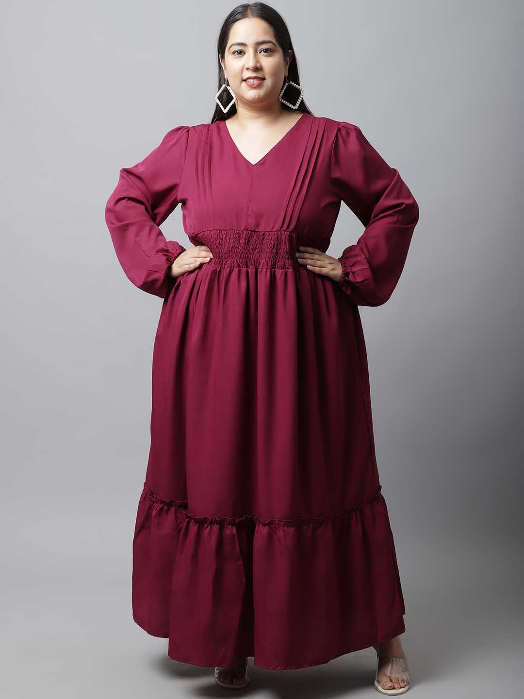 

Flambeur Plus Size Smocked Puff Sleeve Crepe Maxi Dress, Maroon