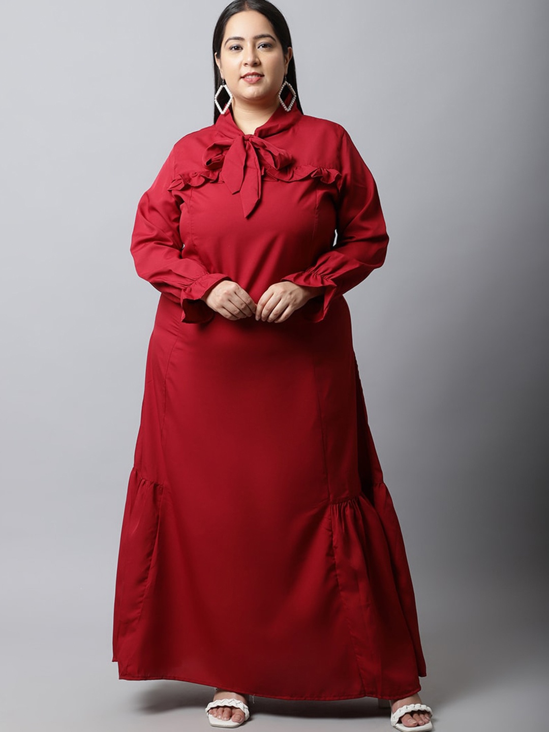 

Flambeur Plus Size Tie-Up Neck Ruffled Crepe Maxi Dress, Maroon