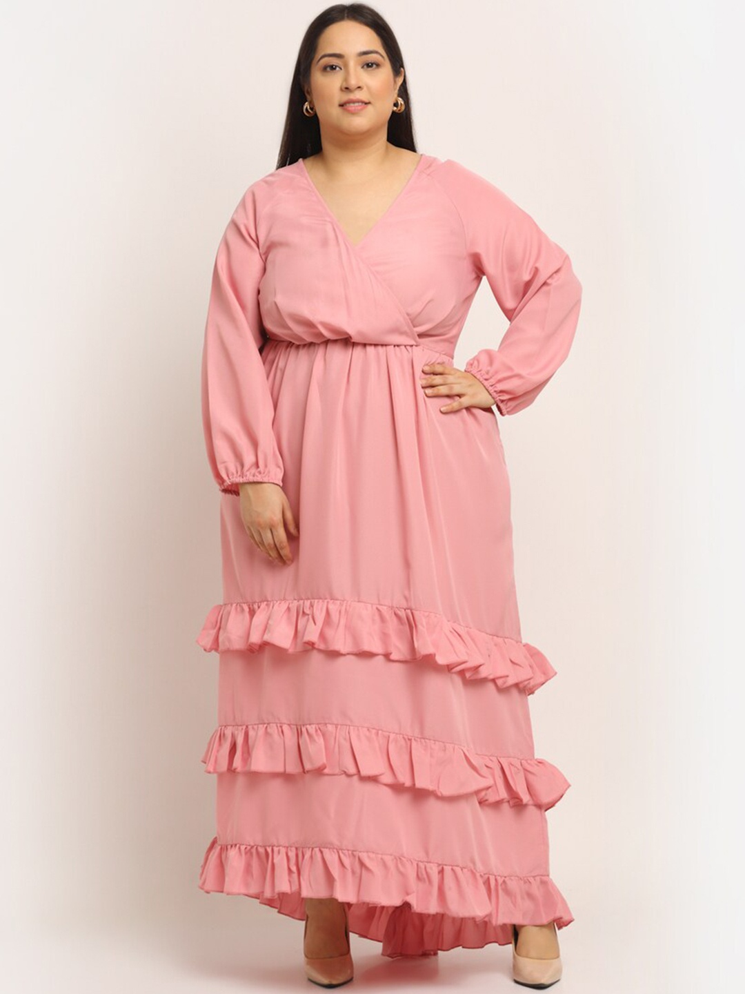 

Flambeur Plus Size Layered Wrap Maxi Dress, Pink