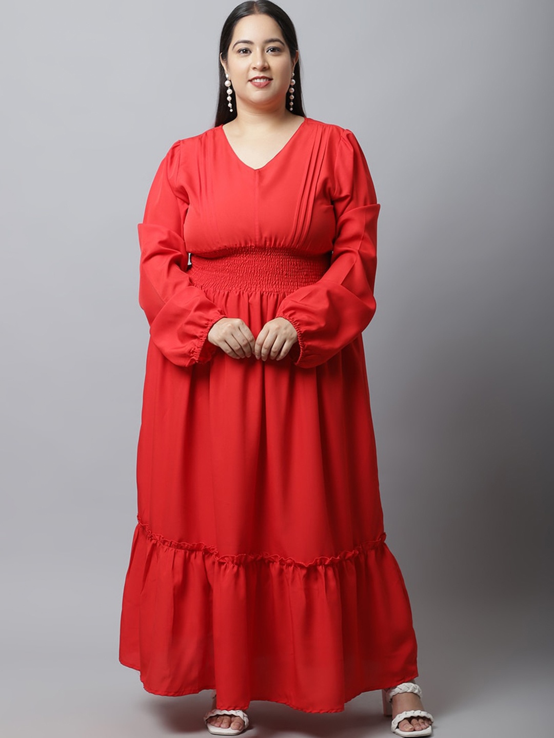 

Flambeur Plus Size Puff Sleeve Crepe Maxi Dress, Red