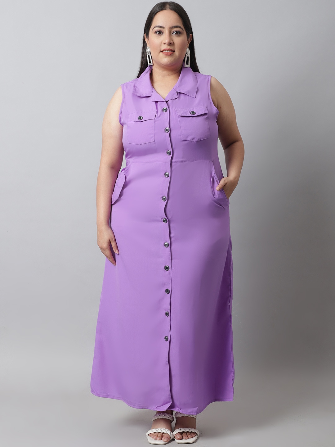 

Flambeur Plus Size Crepe Shirt Collar Maxi Dress, Purple