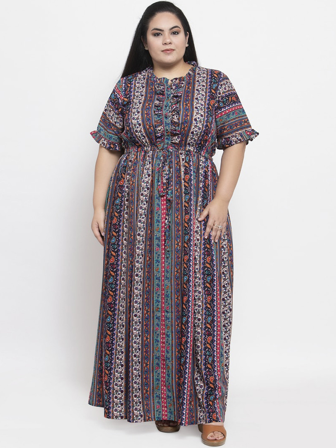 

Flambeur Ethnic Motifs Print Crepe Maxi Dress, Brown