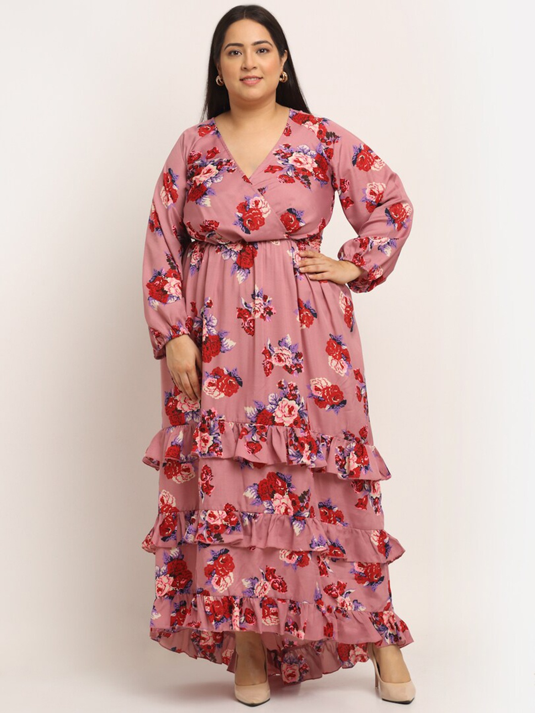 

Flambeur Floral Printed Puff Sleeve Crepe Maxi Plus Size Dress, Pink