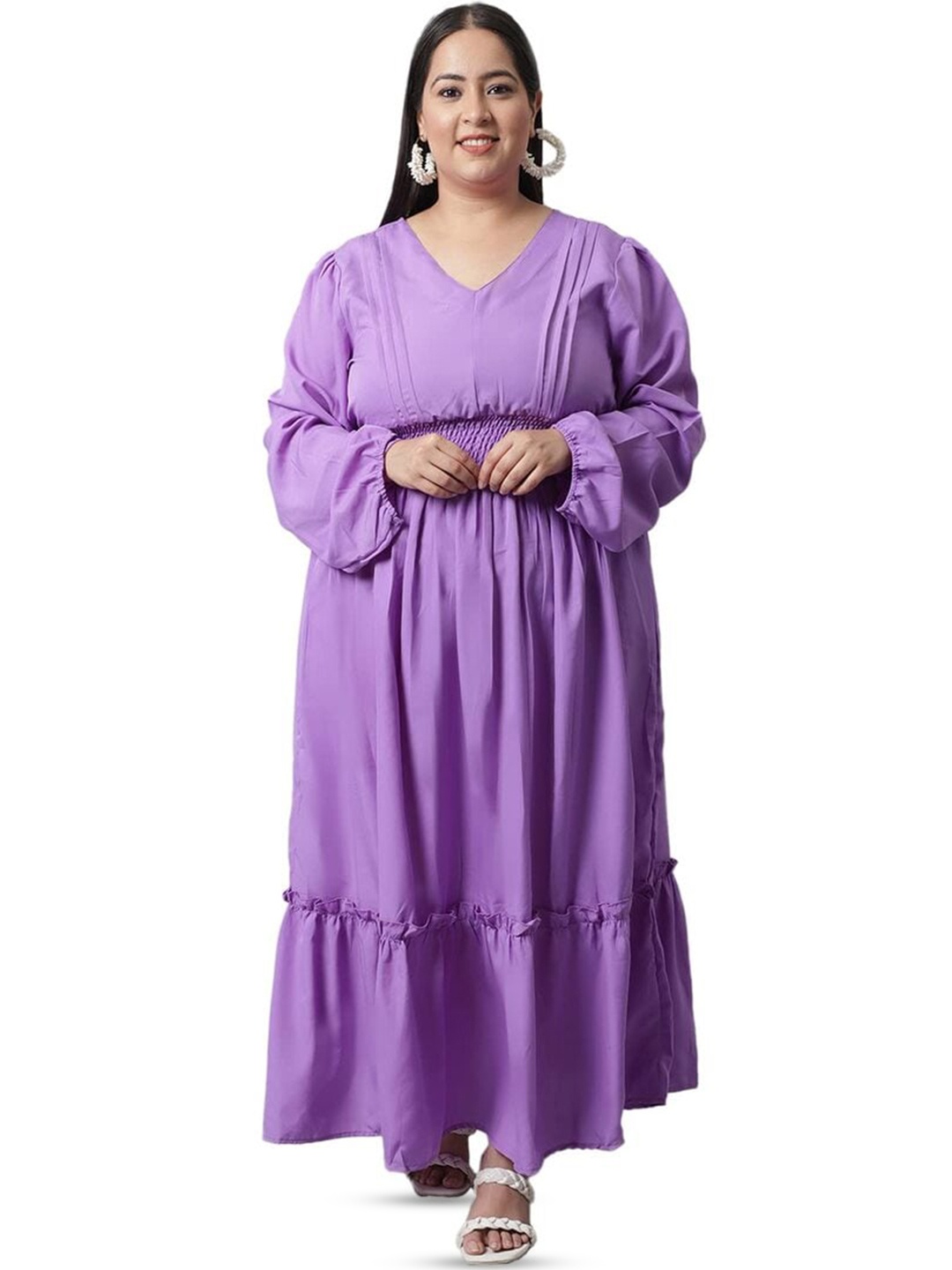 

Flambeur Plus Size Puff Sleeve Crepe Maxi Fit and Flare Dress, Purple