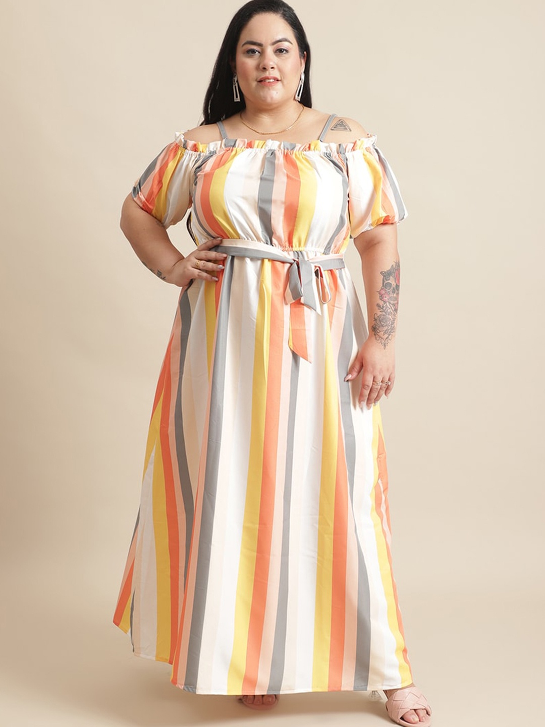 

Flambeur Plus Size Striped Printed Off Shoulder Fit & Flare Maxi Dress, White