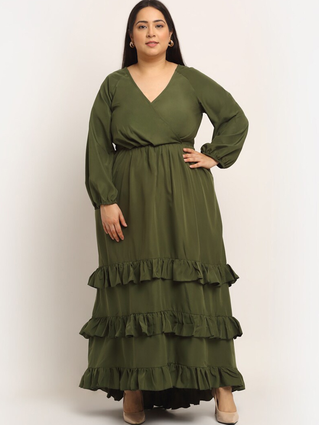 

Flambeur Puff Sleeve V-Neck Crepe Maxi Dress, Green