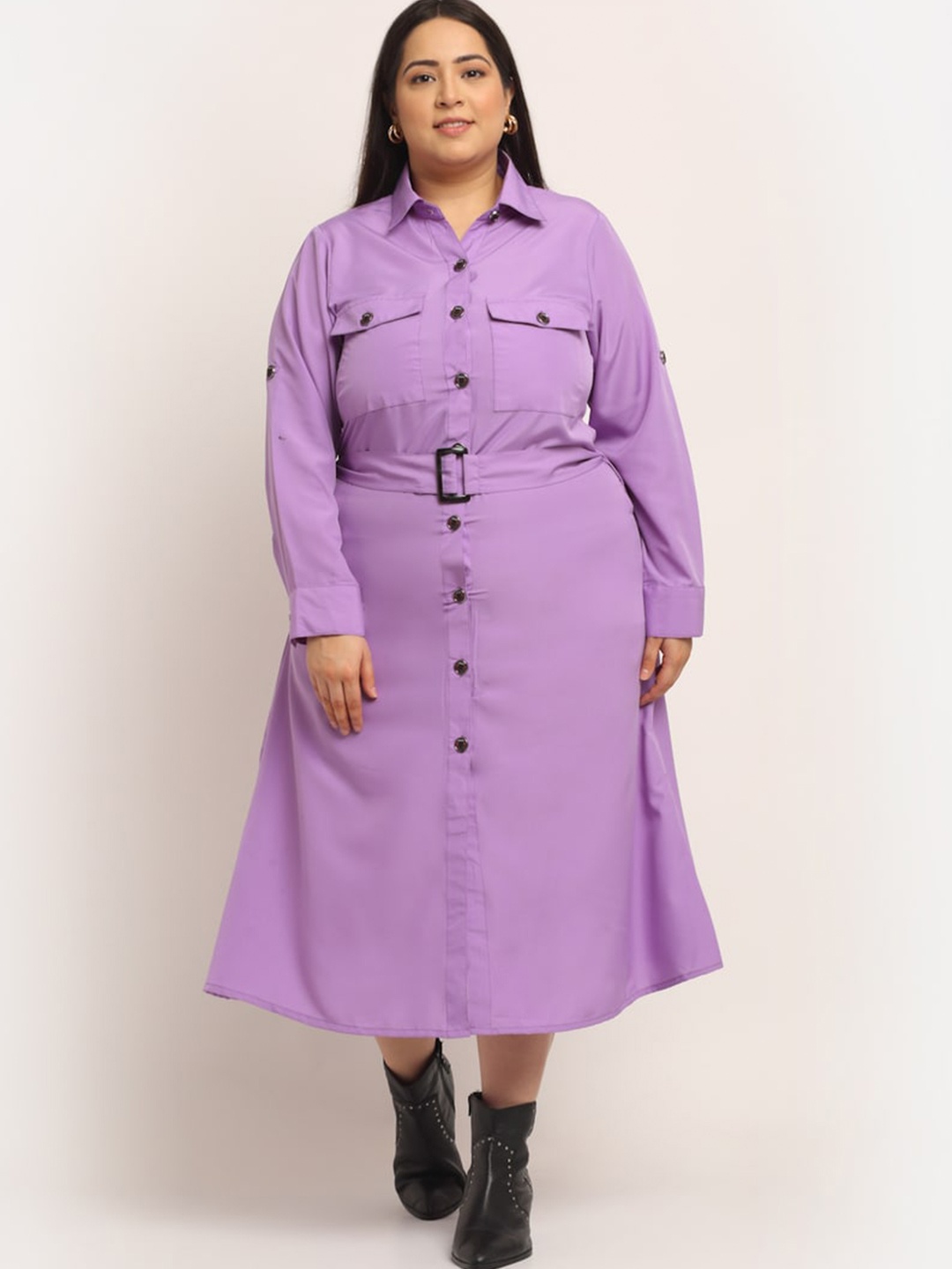 

Flambeur Crepe Shirt Collar Long Sleeves Midi Dress, Purple
