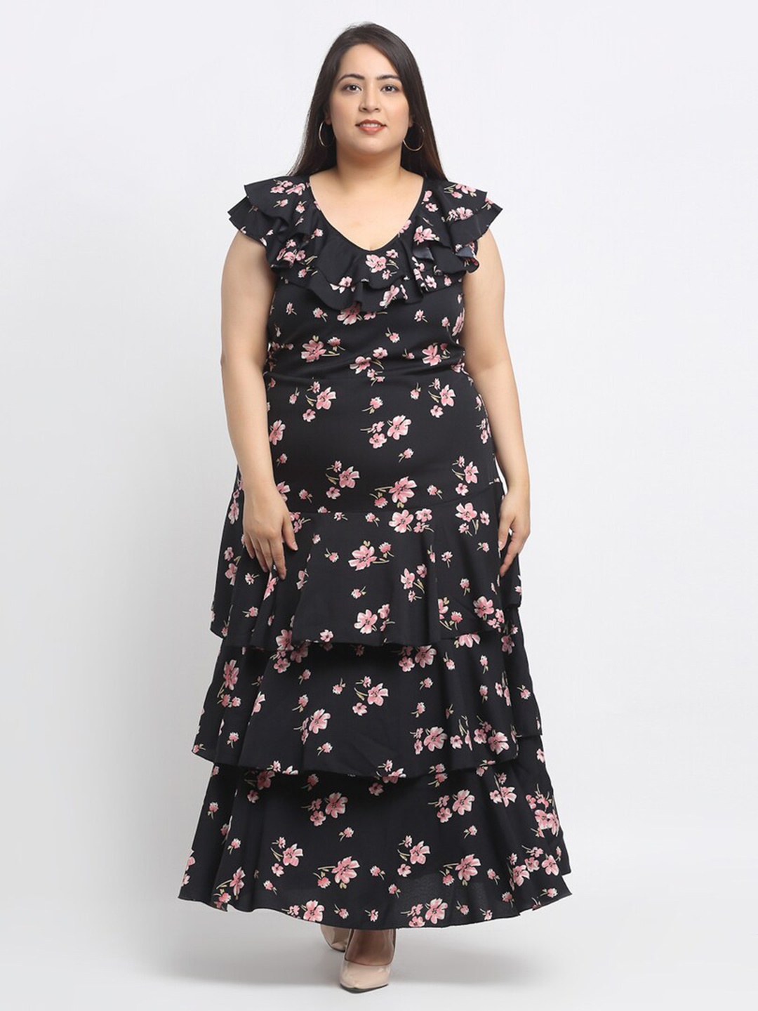 

Flambeur Plus Size Floral Printed A-Line Maxi Dress, Black