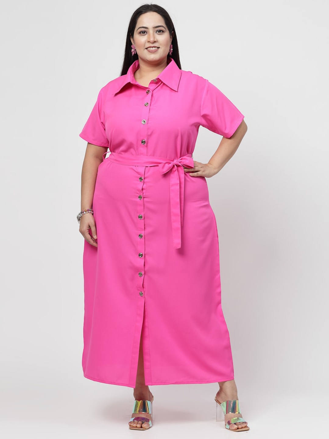 

Flambeur Crepe Shirt Collar Maxi Dress, Pink