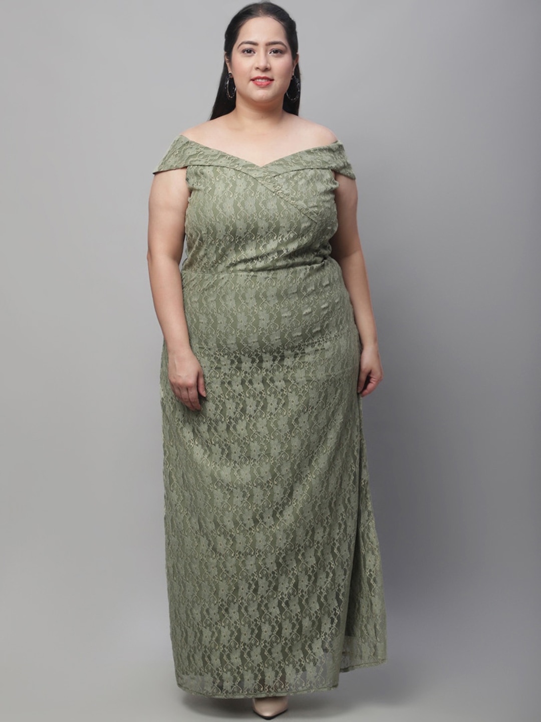 

Flambeur Plus Size Off-Shoulder Net Maxi Dress, Green