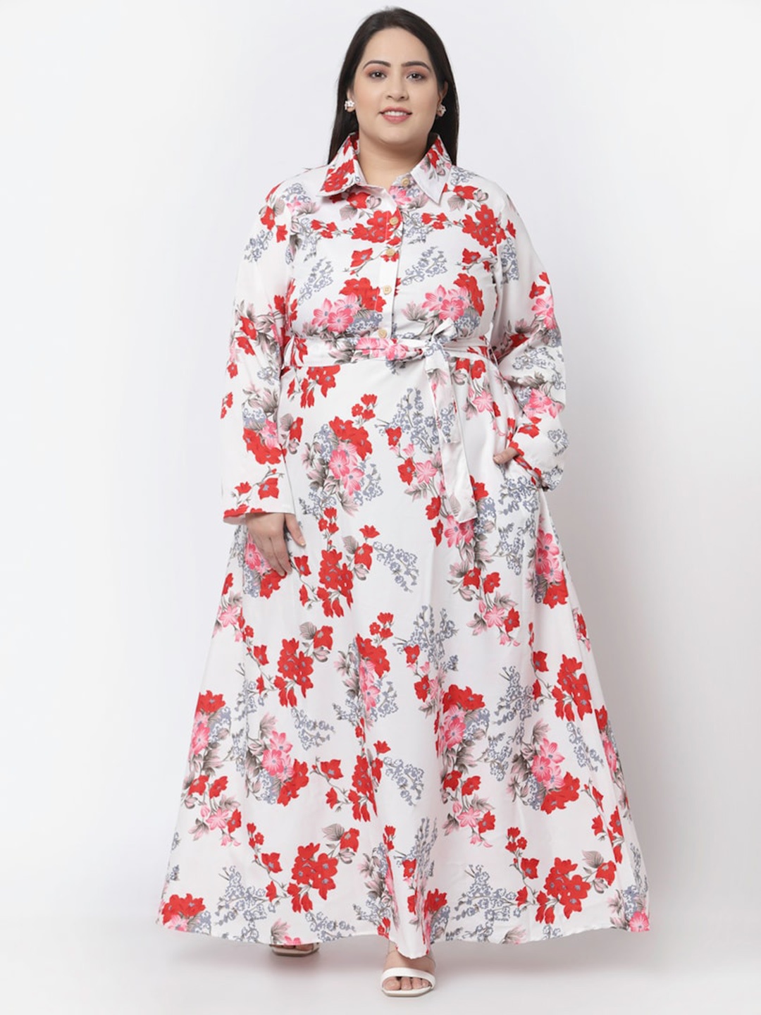

Flambeur Floral Print Maxi Plus Size Dress, White