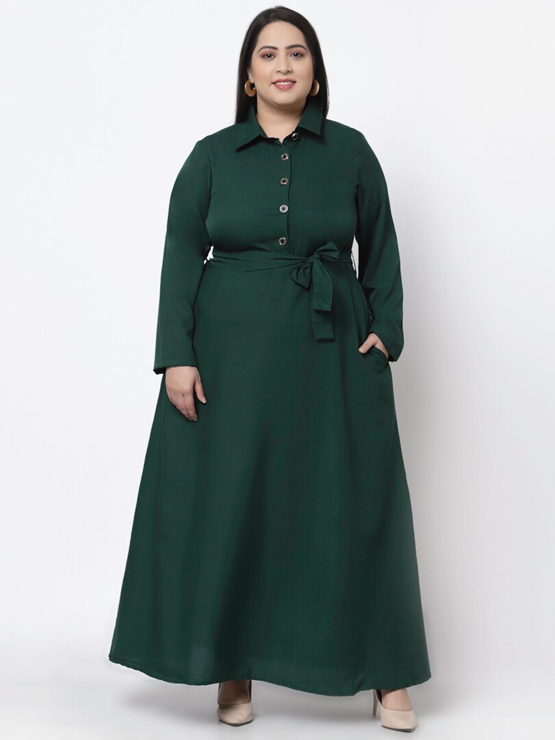 

Flambeur Plus Size Long Sleeves Shirt Maxi Dress, Green