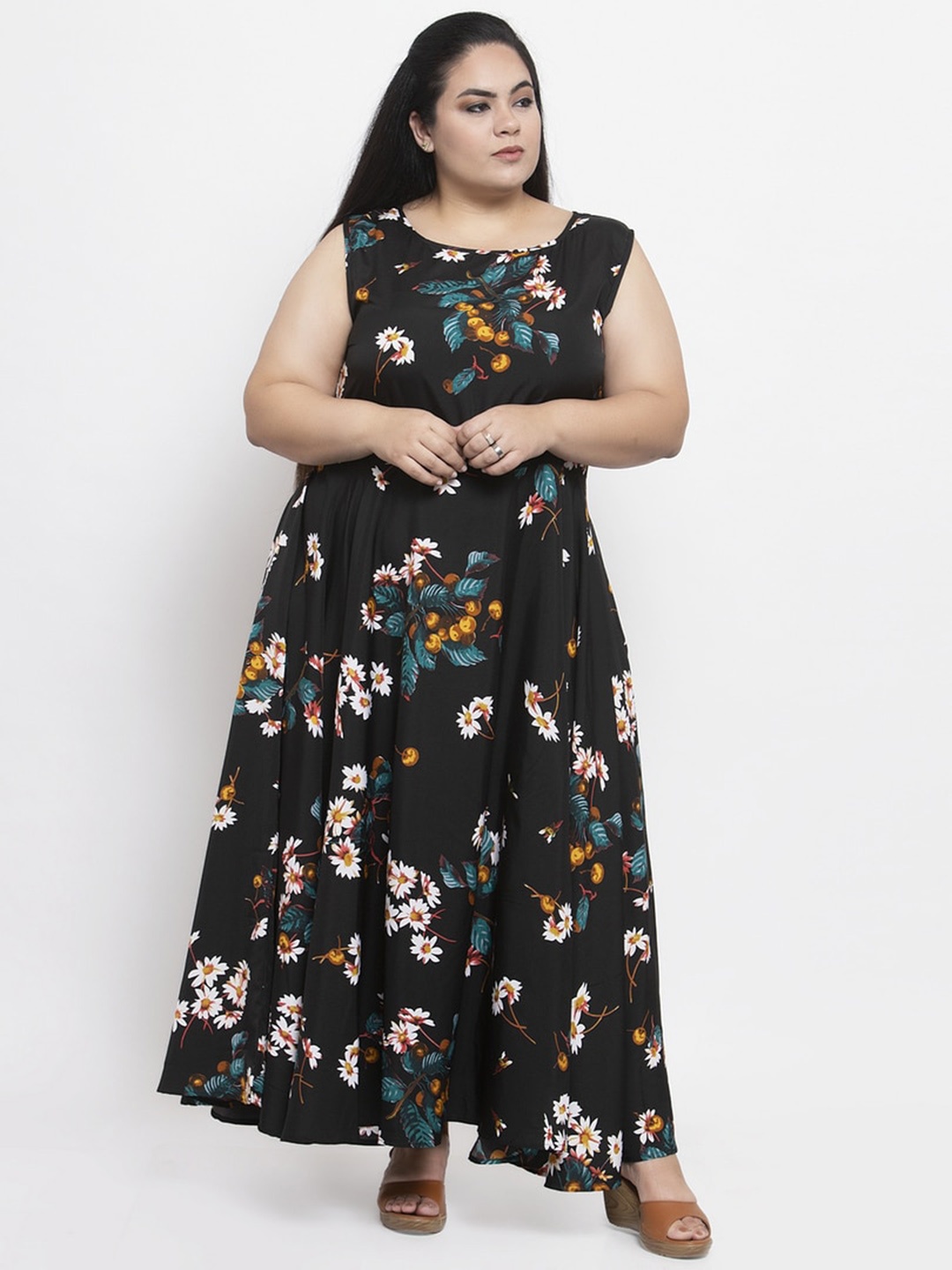 

Flambeur Plus Size Floral Printed Crepe Maxi A-Line Dress, Black