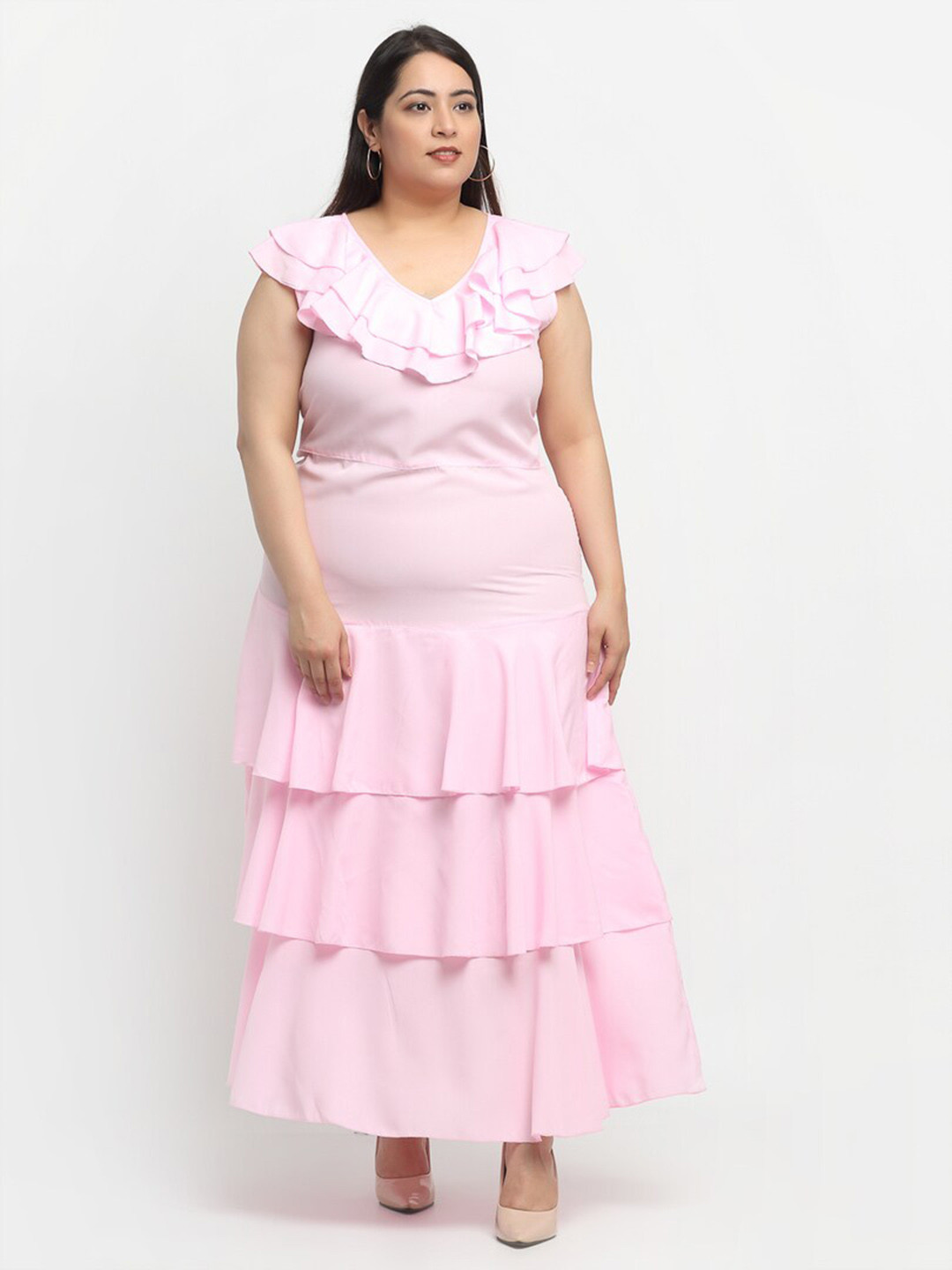 

Flambeur Plus Size V-Neck Ruffled Crepe Maxi Dress, Pink