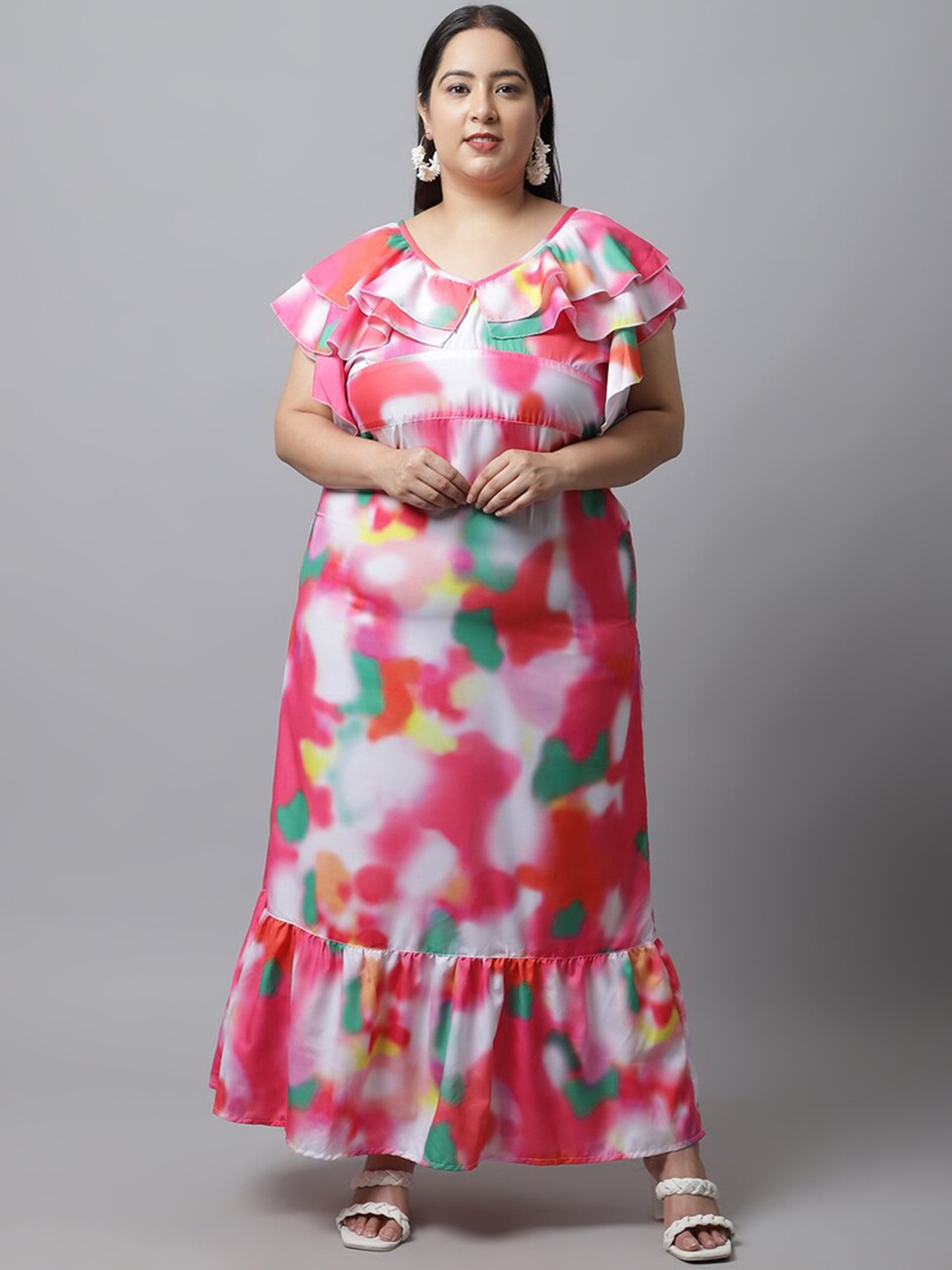 

Flambeur Plus Size Abstract Printed Flutter Sleeve Crepe Maxi Dress, Red