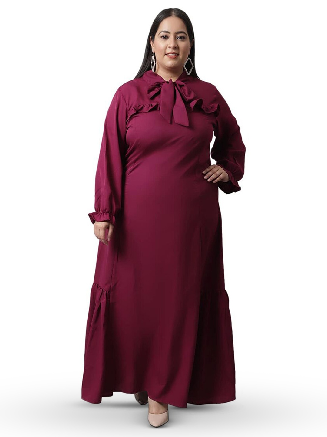 

Flambeur Plus Size Tie-Up Neck A Line Maxi Dress, Maroon