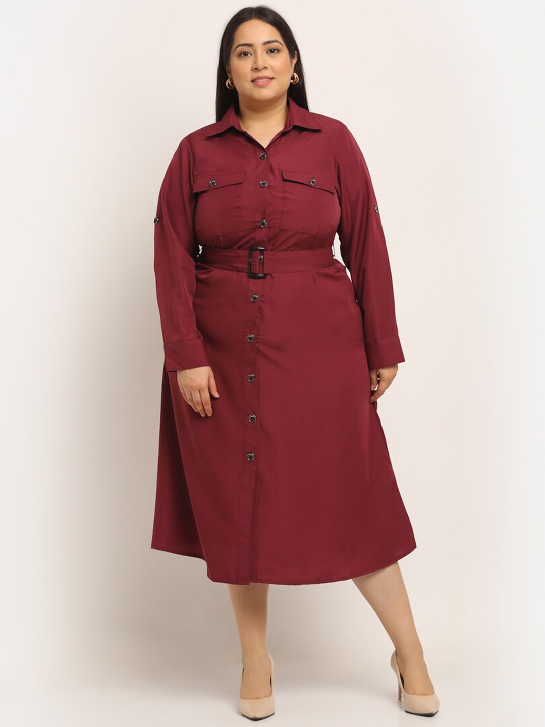 

Flambeur Plus Size Long Sleeves Crepe Shirt Midi Dress With Belt, Maroon