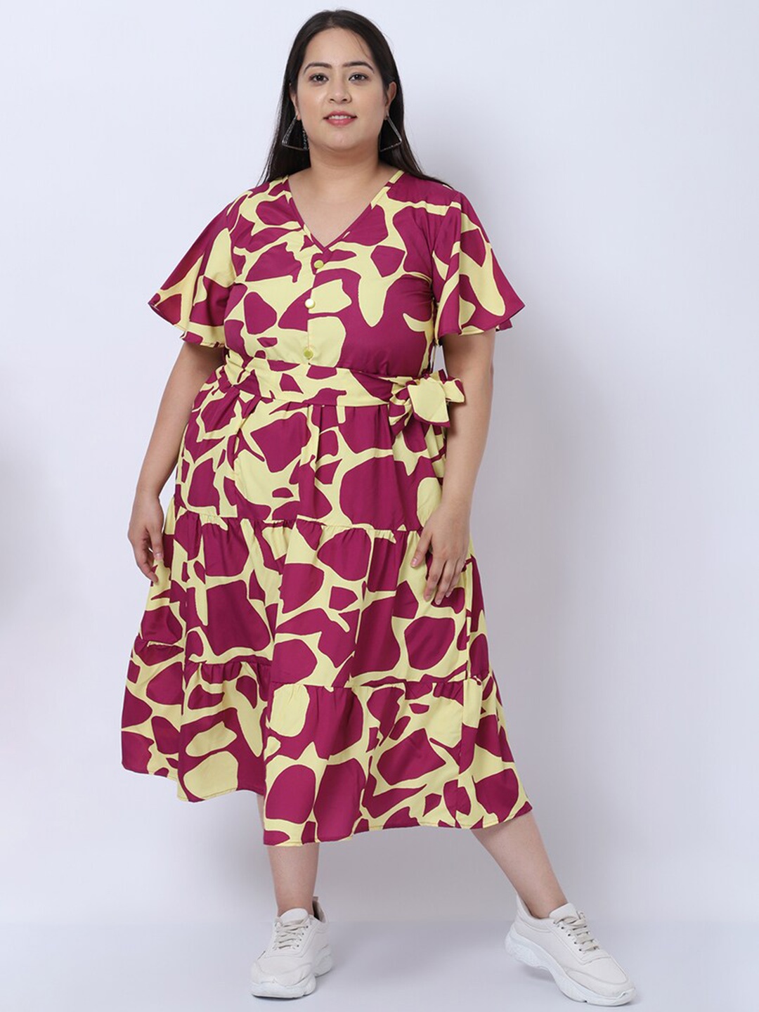 

Flambeur Printed Flared Sleeve Crepe Fit & Flare Midi Plus Size Dress, Maroon