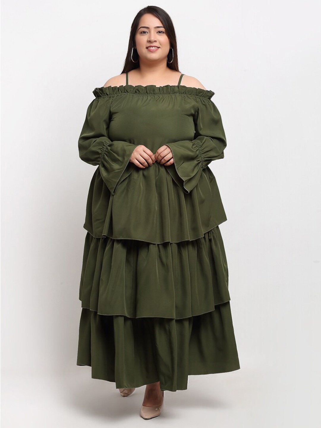 

Flambeur Plus Size Bell Sleeves Crepe Layered Maxi Dress, Green
