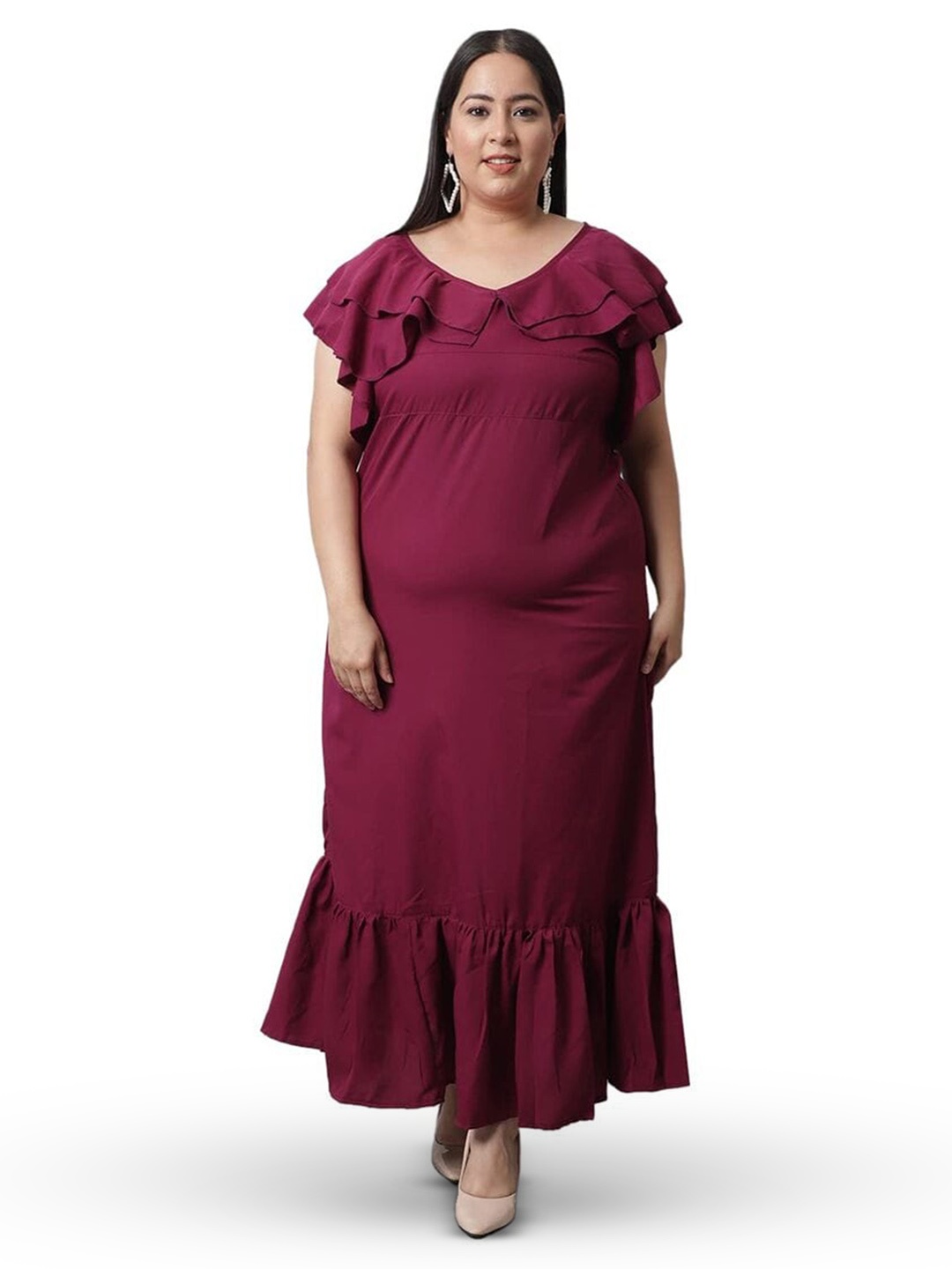 

Flambeur Crepe Ruffles Maxi Plus Size Dress, Maroon