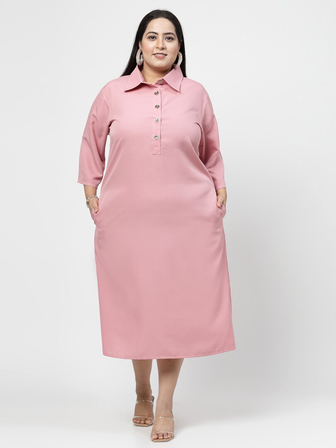

Flambeur Crepe Shirt Collar Midi Dress, Pink