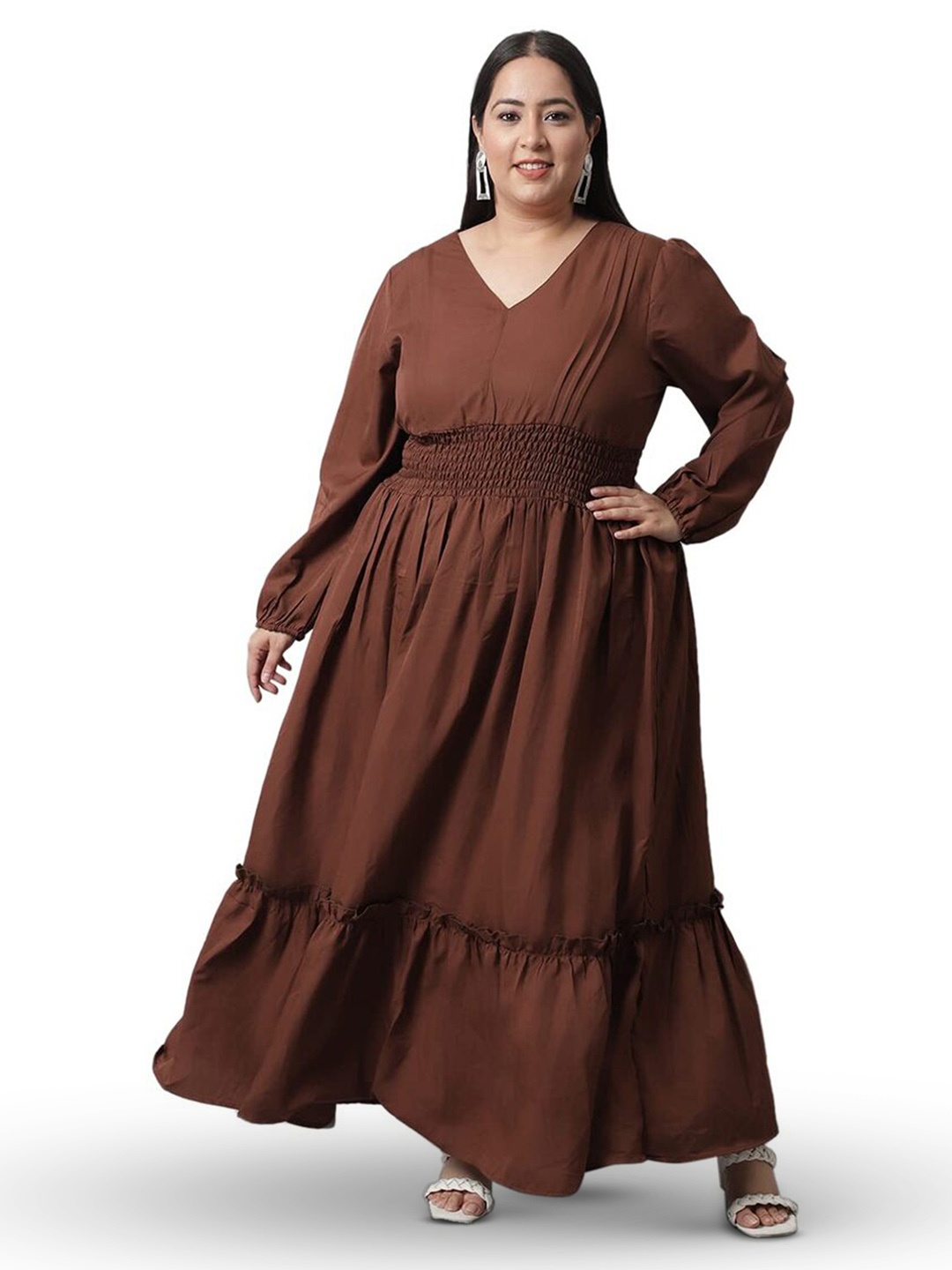 

Flambeur Plus Size Puff Sleeves Crepe Maxi Dress, Brown