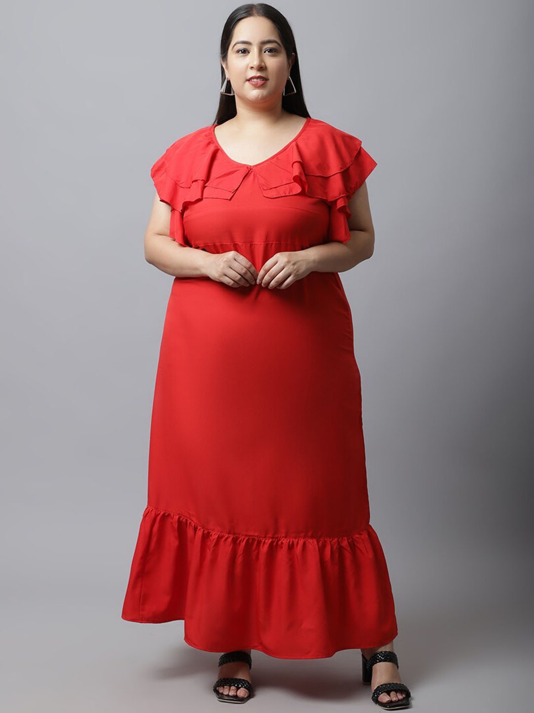 

Flambeur Plus Size Flutter Sleeves Ruffles Detail A-Line Maxi Dress, Red