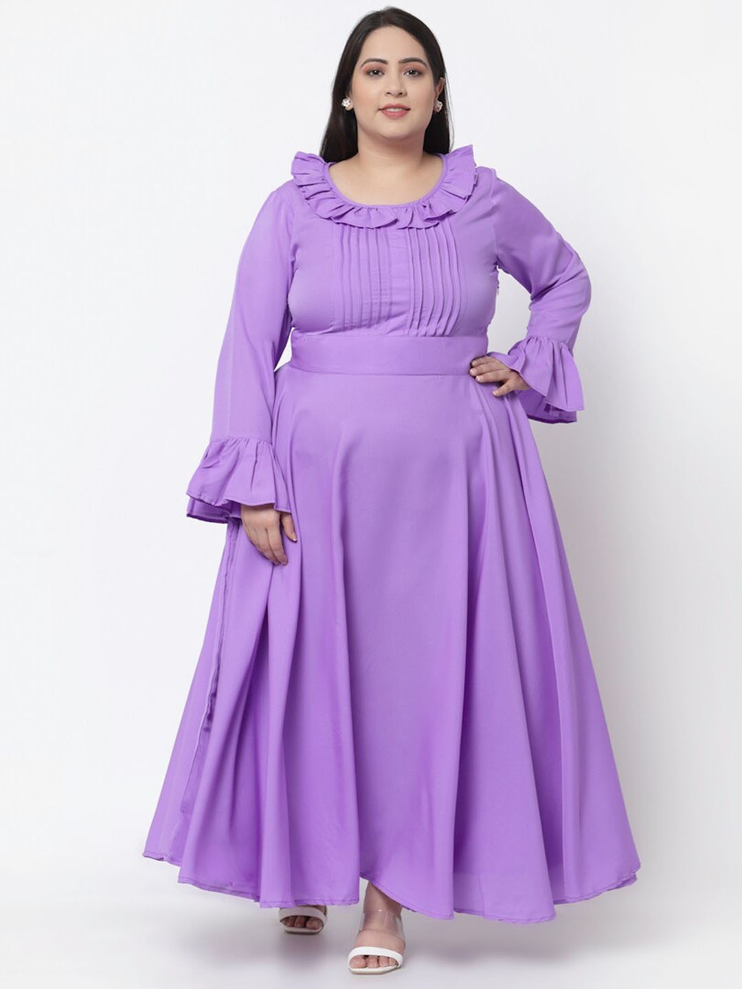 

Flambeur Plus Size Bell Sleeve Crepe Ruffled Maxi Dress, Purple
