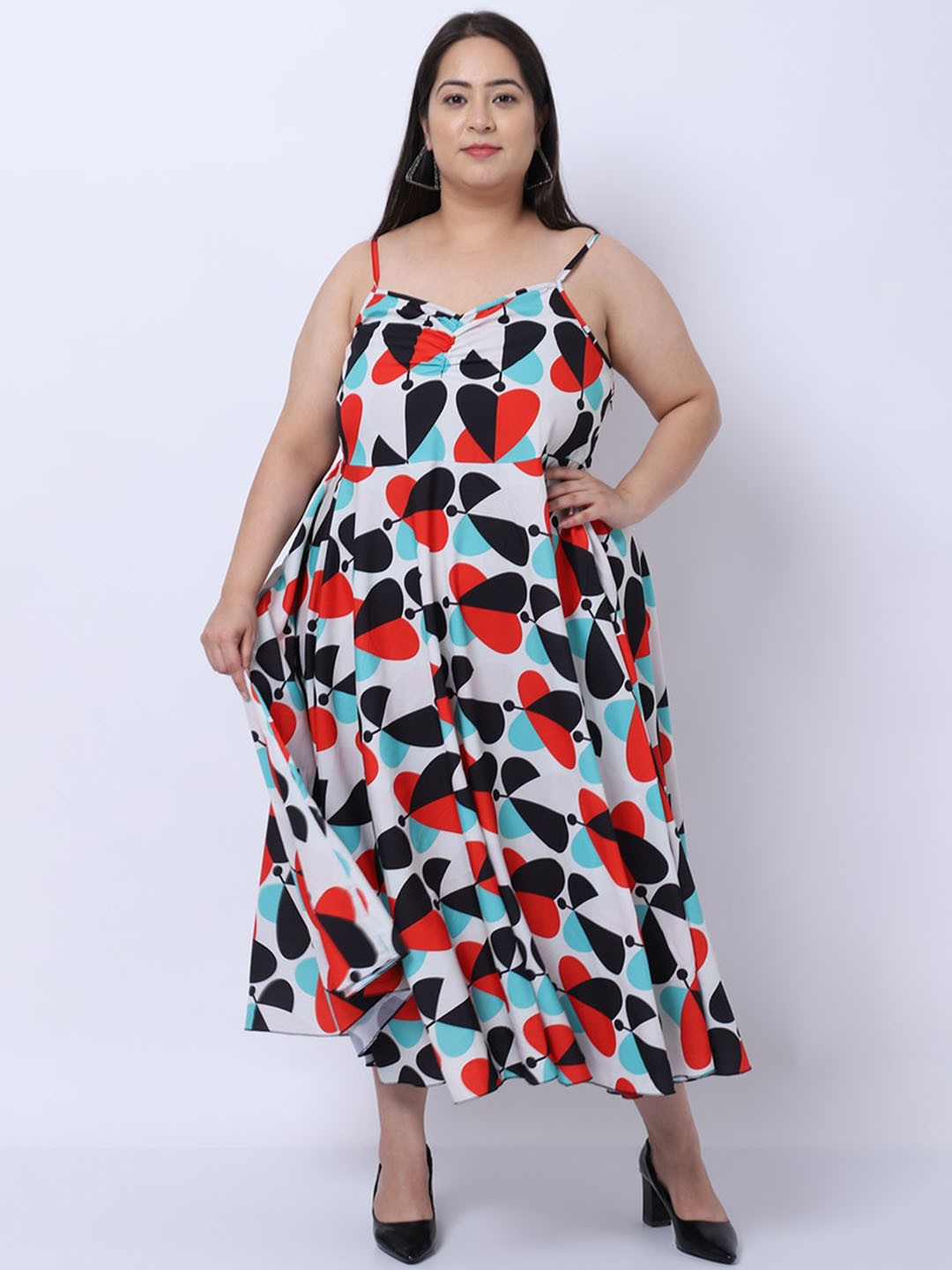 

Flambeur Plus Size Shoulder Straps Floral Print Fit & Flare Midi Dress, Blue