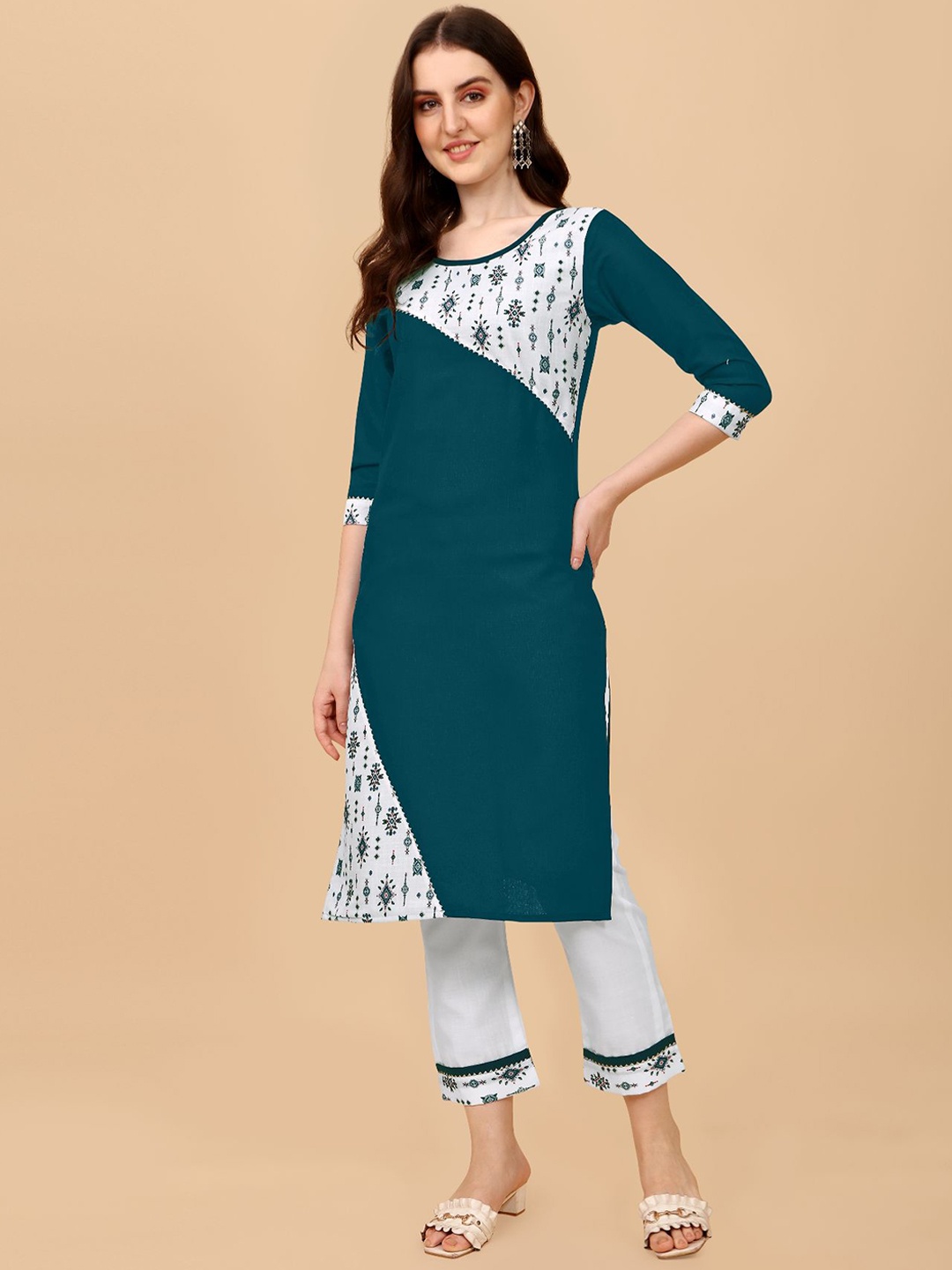 

KALINI Ethnic Motifs Printed Regular Round Neck Straight Kurta with Trouser, White