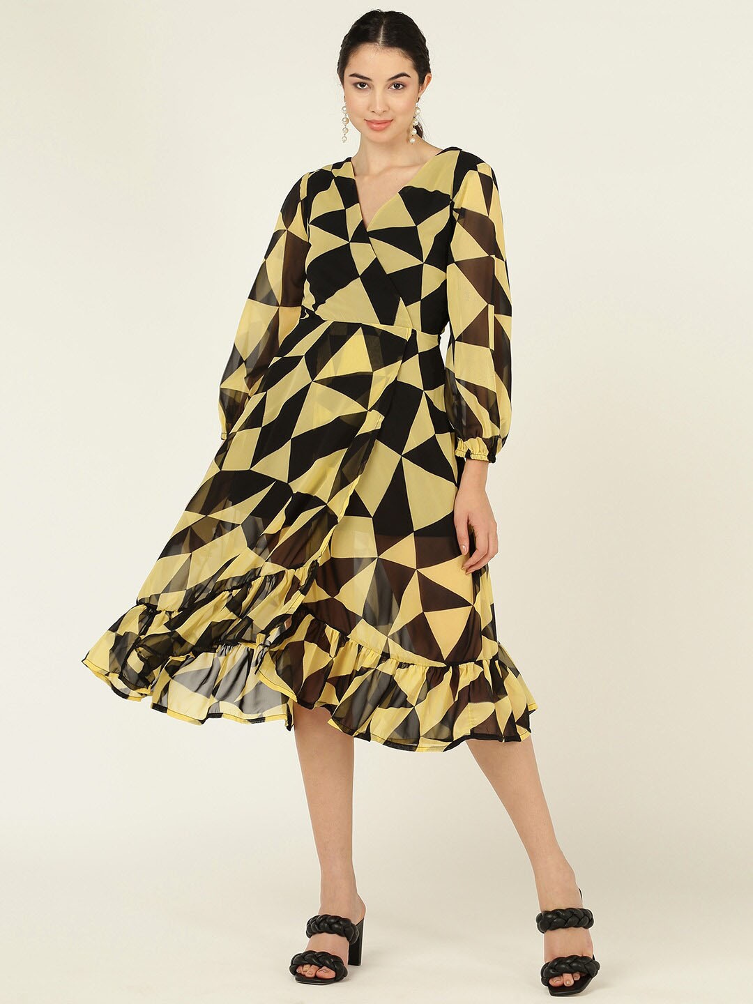 

DODO & MOA Printed Puff Sleeve Georgette Wrap Midi Dress, Black