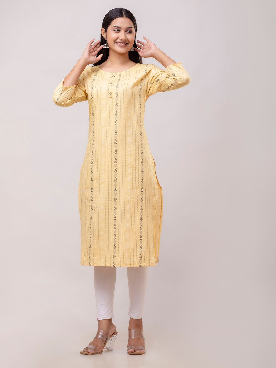 

KALINI Woven Design Straight Kurta, Yellow