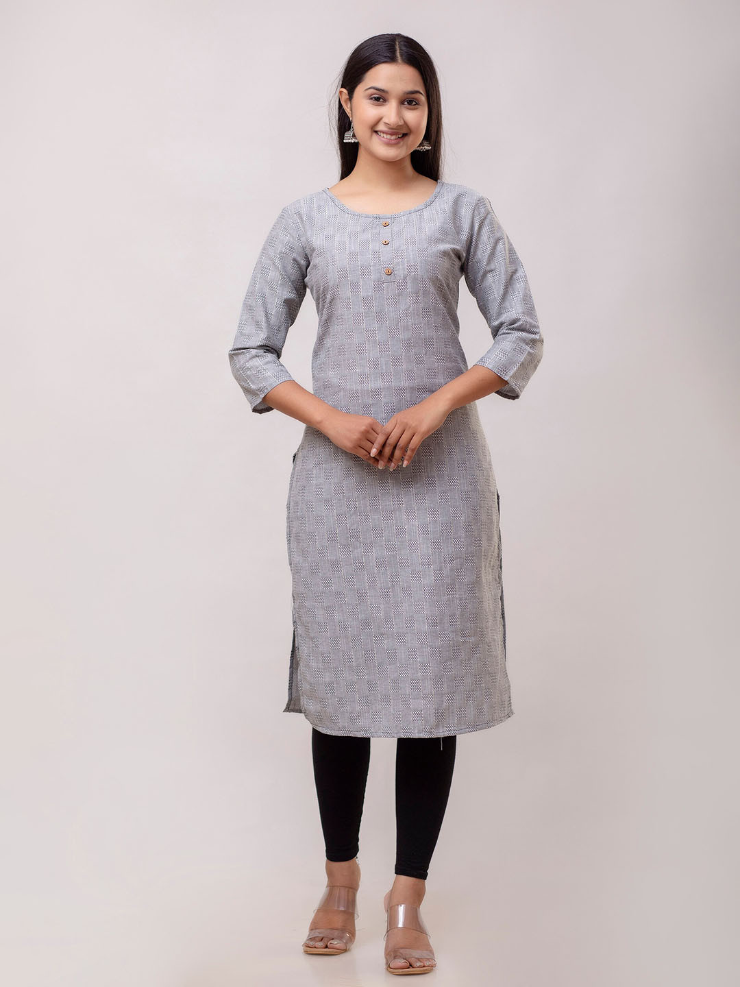

KALINI Geometric Woven Design Cotton Straight Kurta, Grey