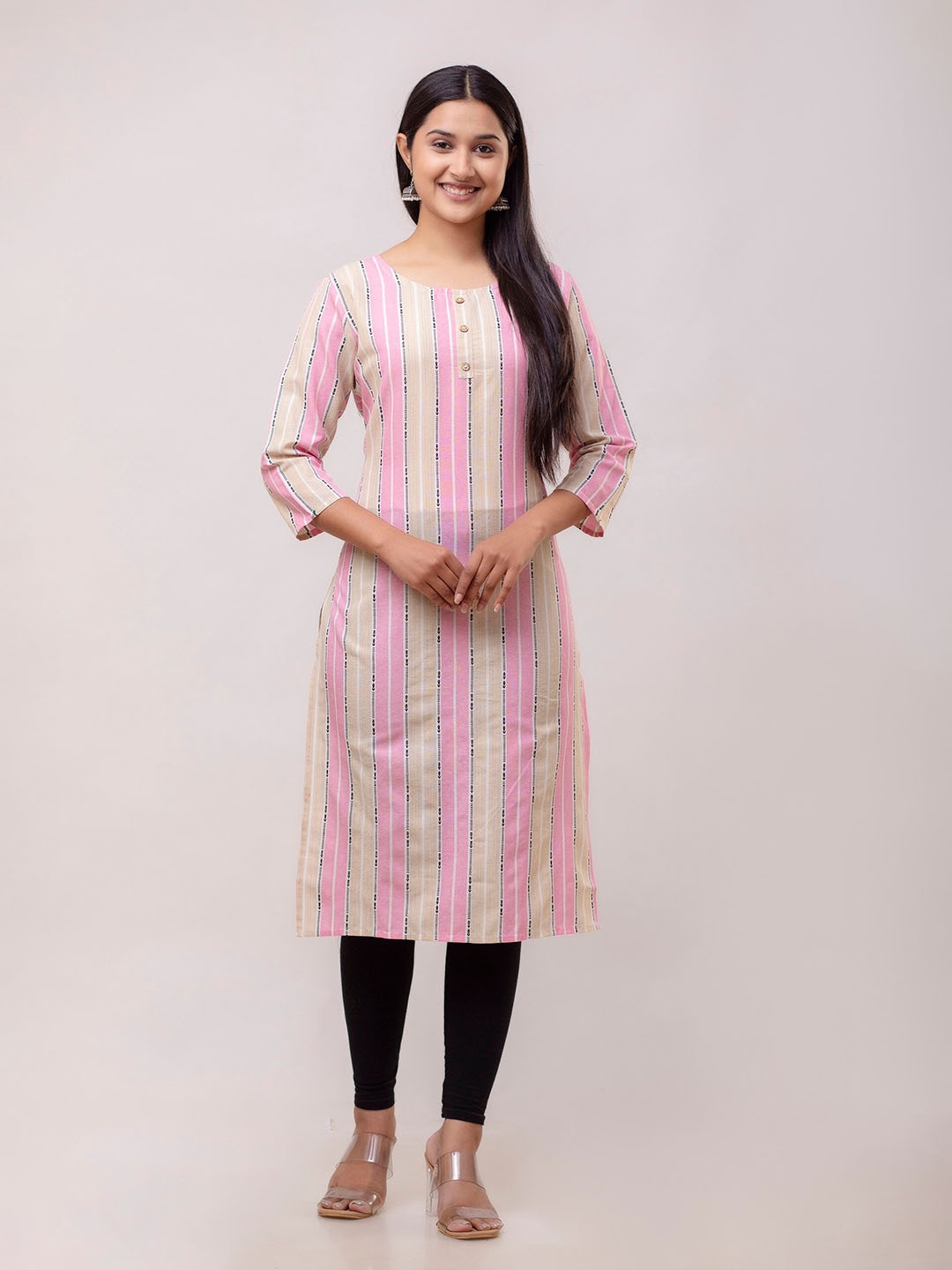 

KALINI Striped Round Neck Straight Kurta, Pink