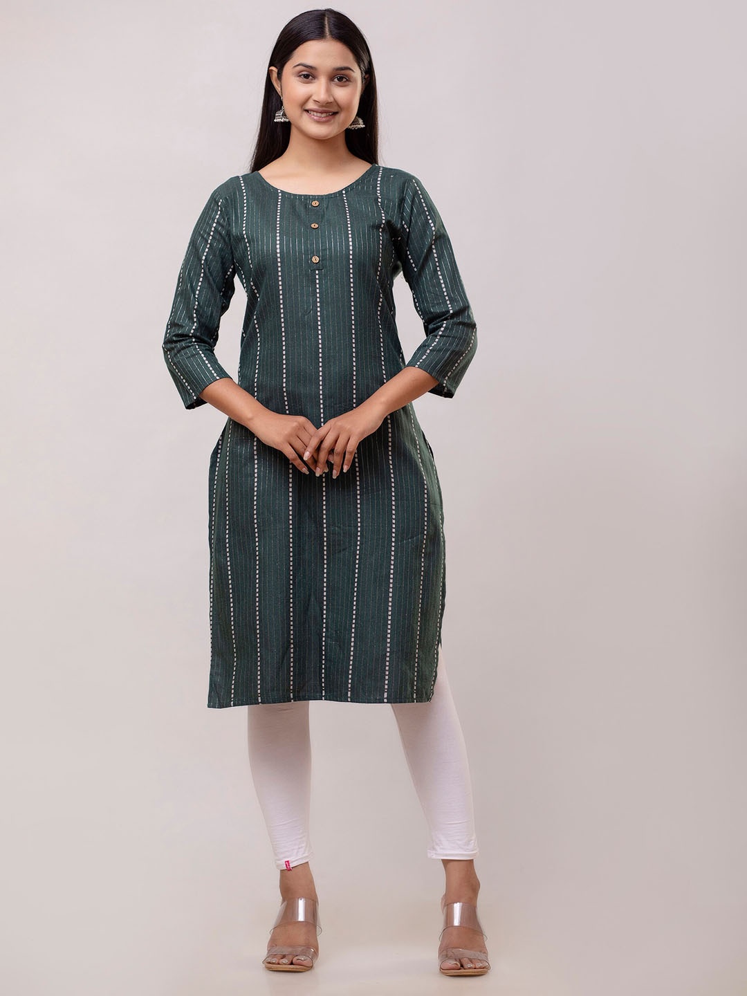 

KALINI Striped Printed Straight Kurta, Green