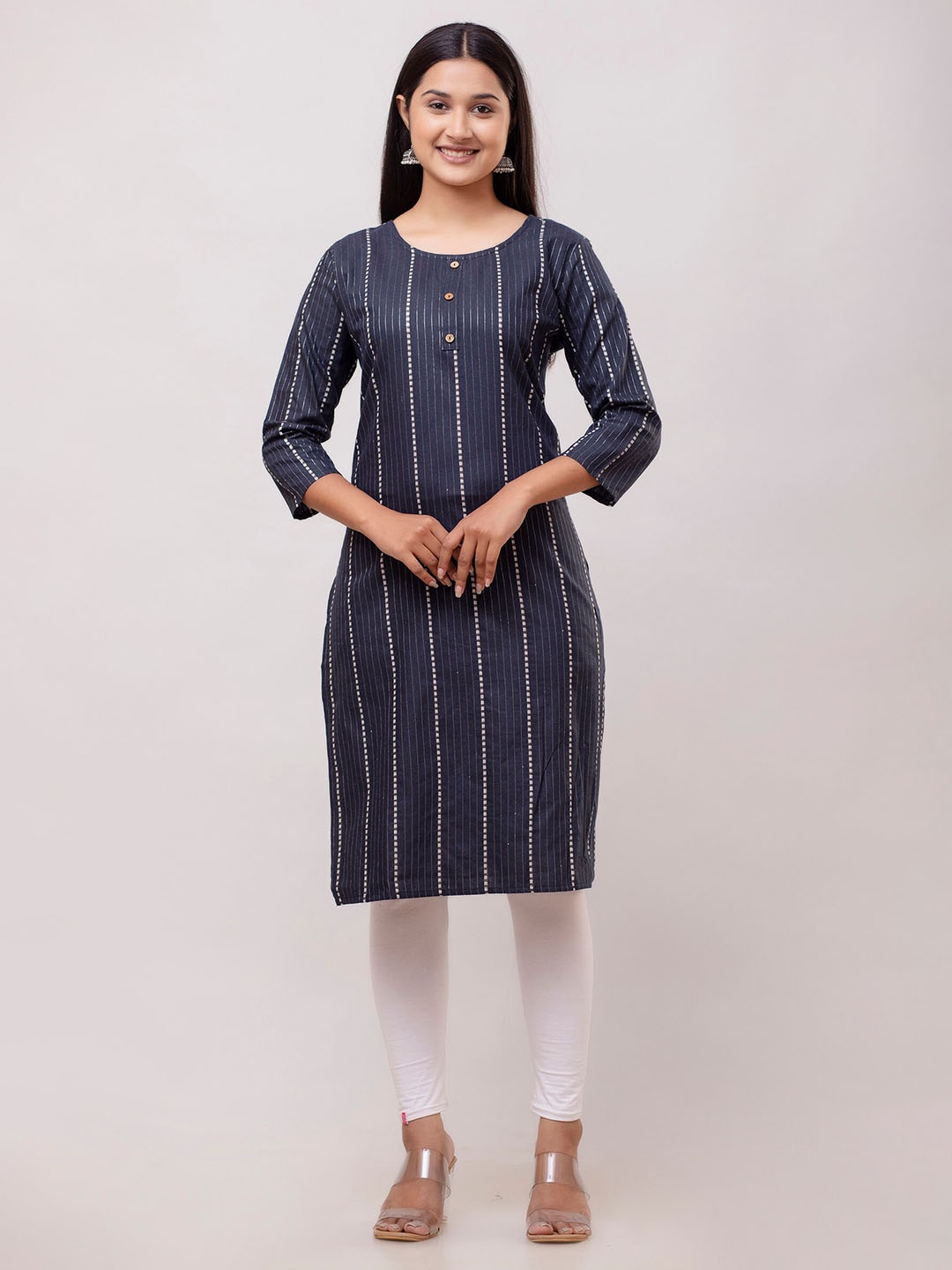 

KALINI Striped Knee Length Straight Kurta, Navy blue