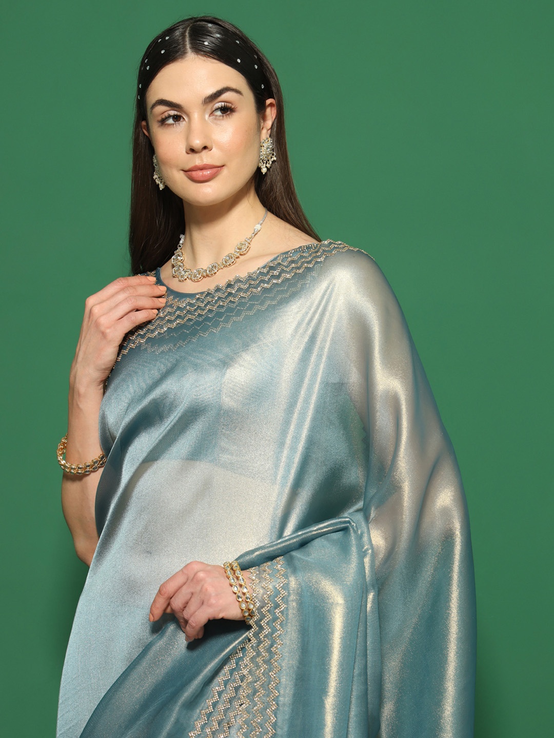 

Saree mall Embellished Beads and Stones Organza Sarees, Teal