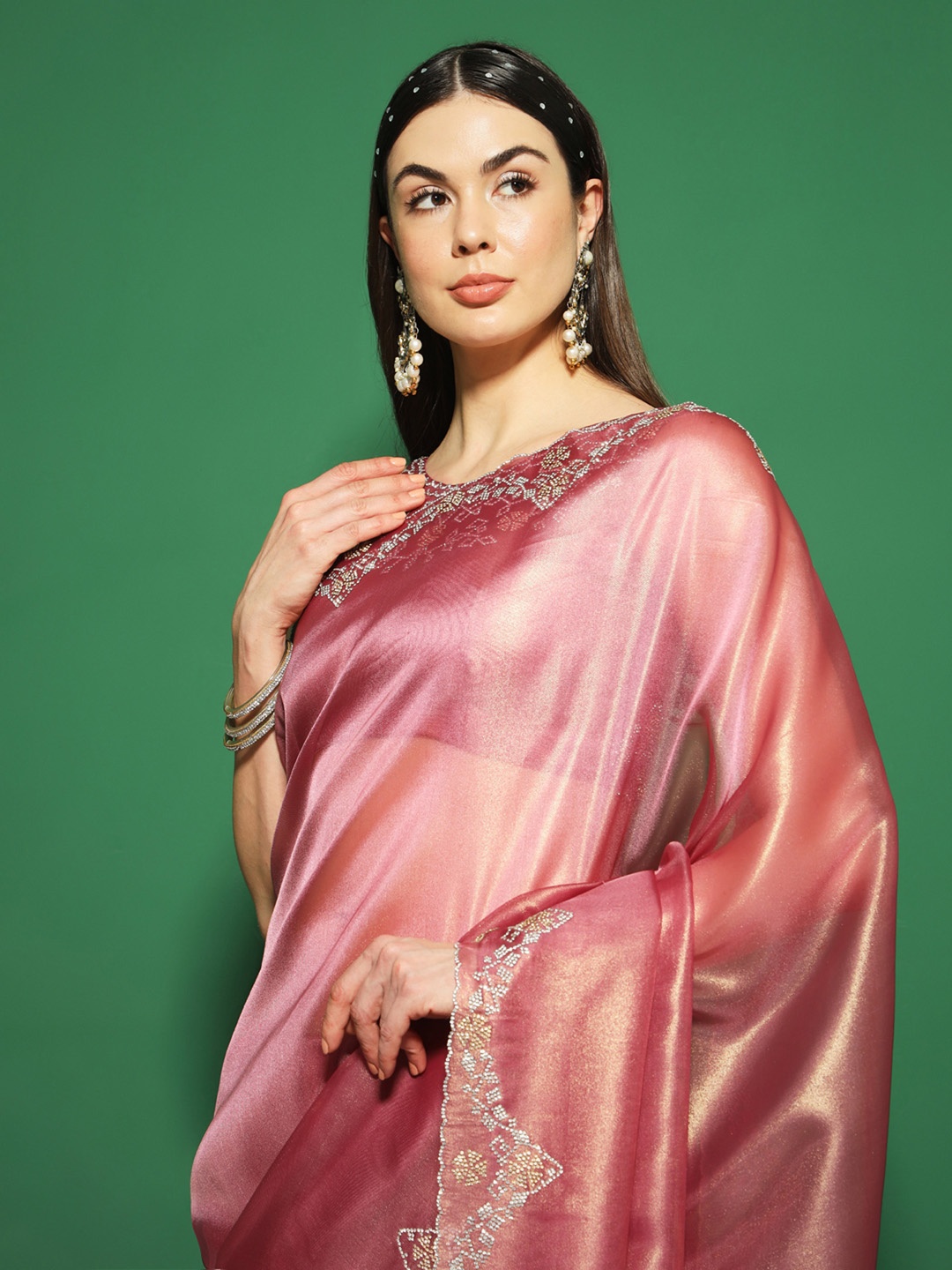 

Saree mall Embellished Beads and Stones Organza Saree, Burgundy