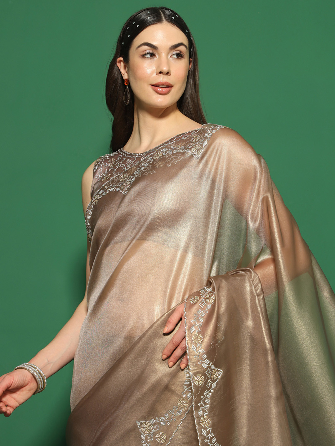 

Saree mall Beads and Stones Embellished Organza Saree, Bronze