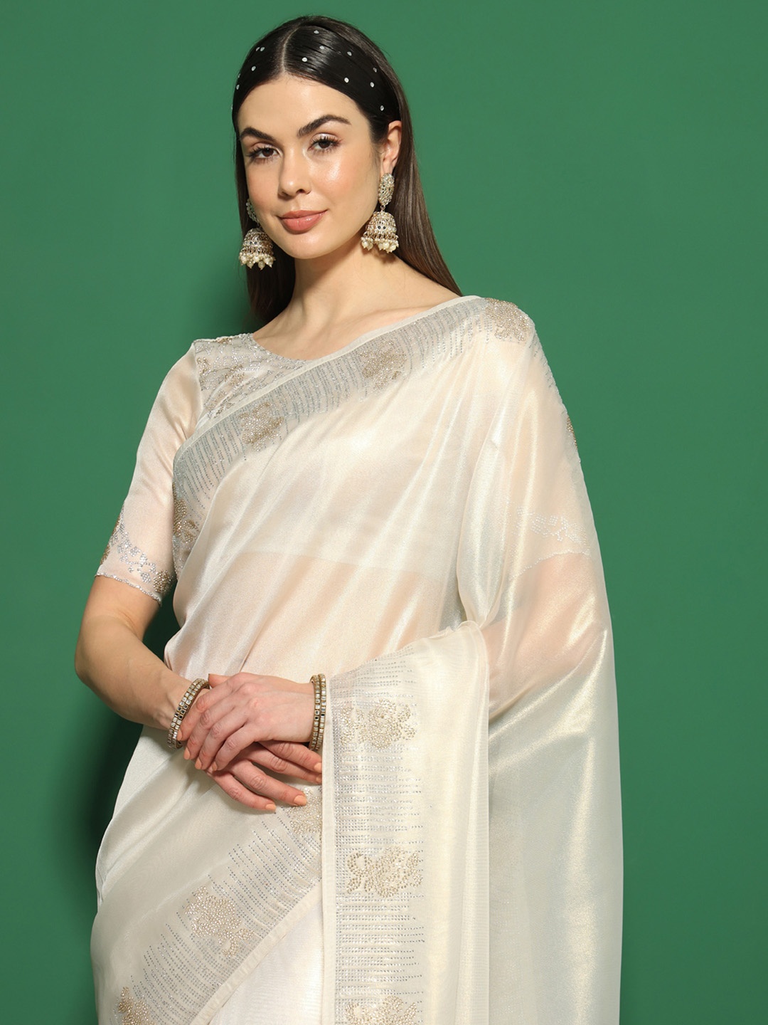 

Saree mall Embellished Beads and Stones Organza Saree, White