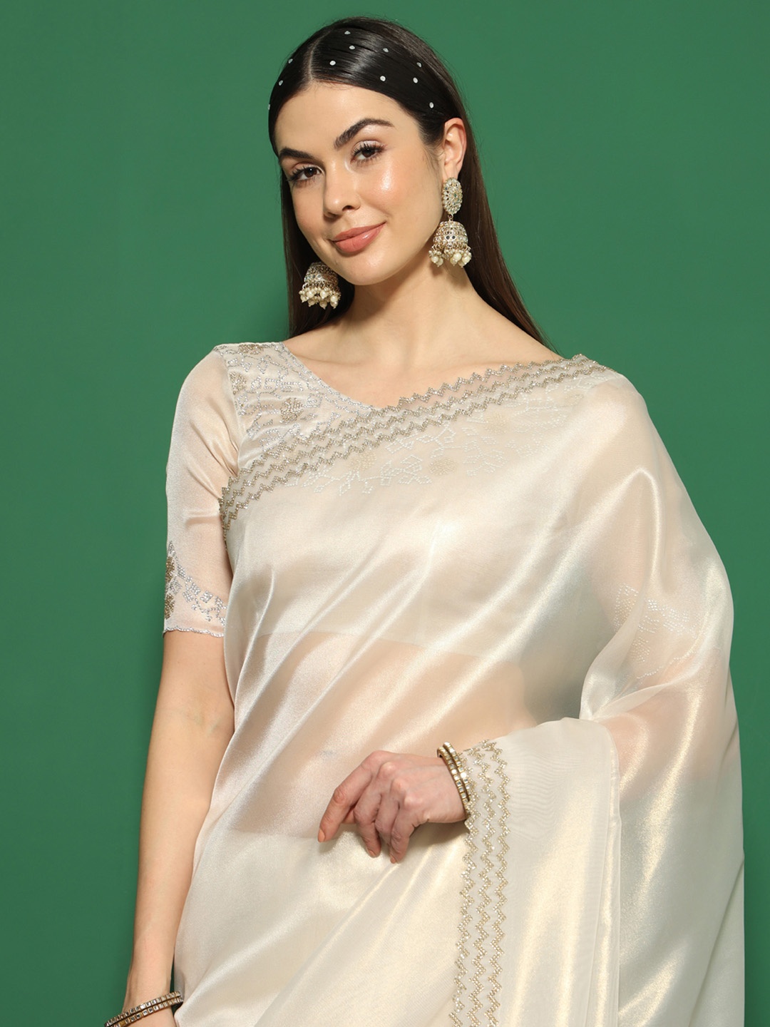 

Saree mall Beads and Stones Organza Sarees, Cream