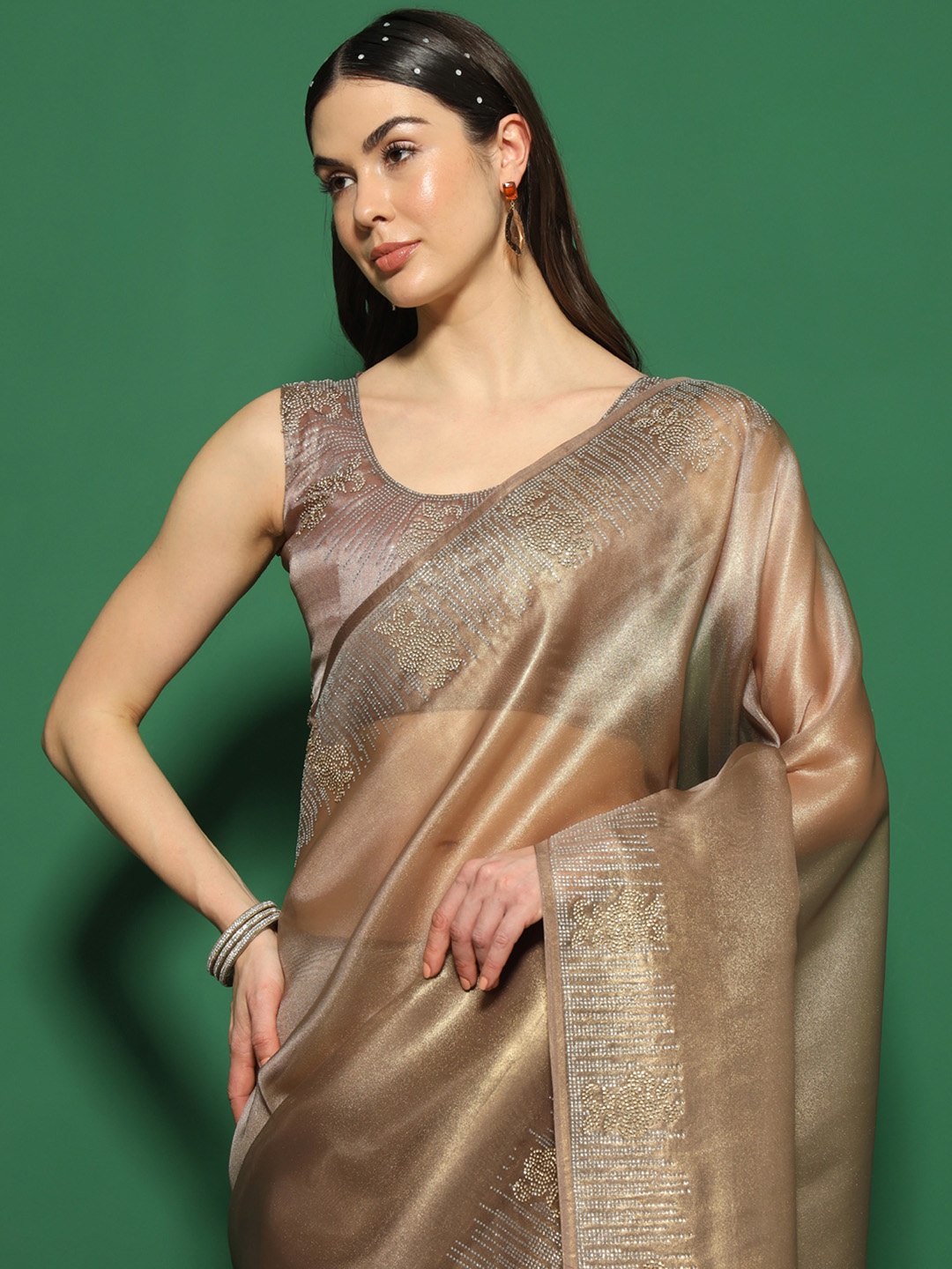 

Saree mall Beads and Stones Organza Sarees, Bronze