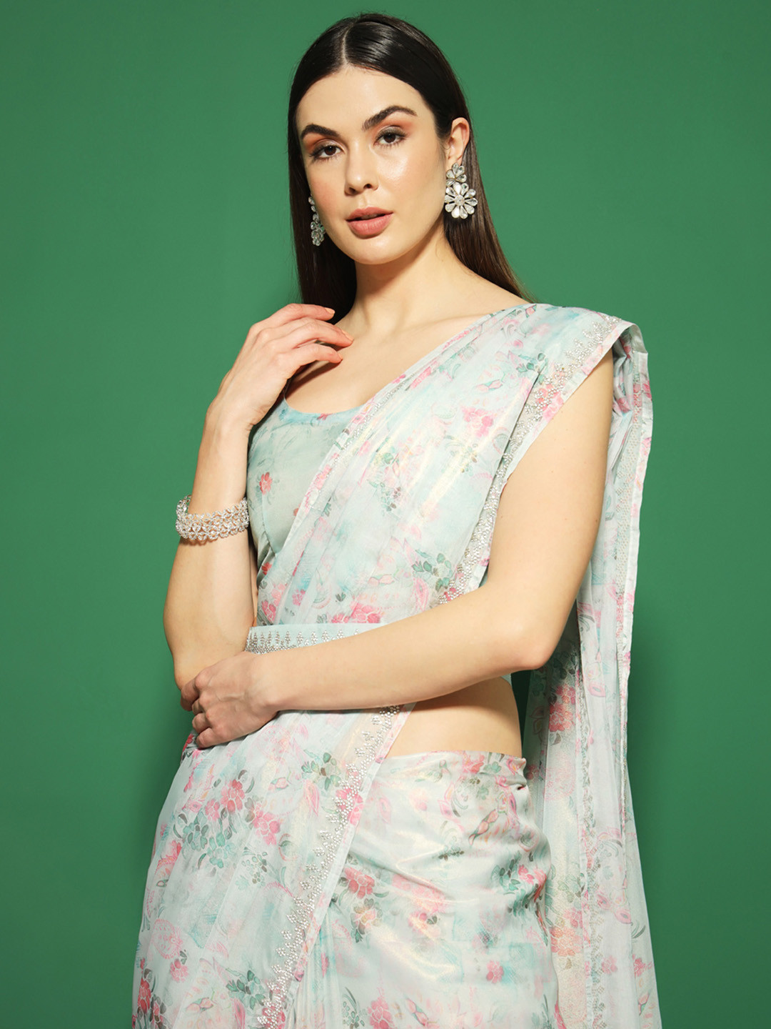 

Saree mall Floral Printed Organza Saree, Sea green