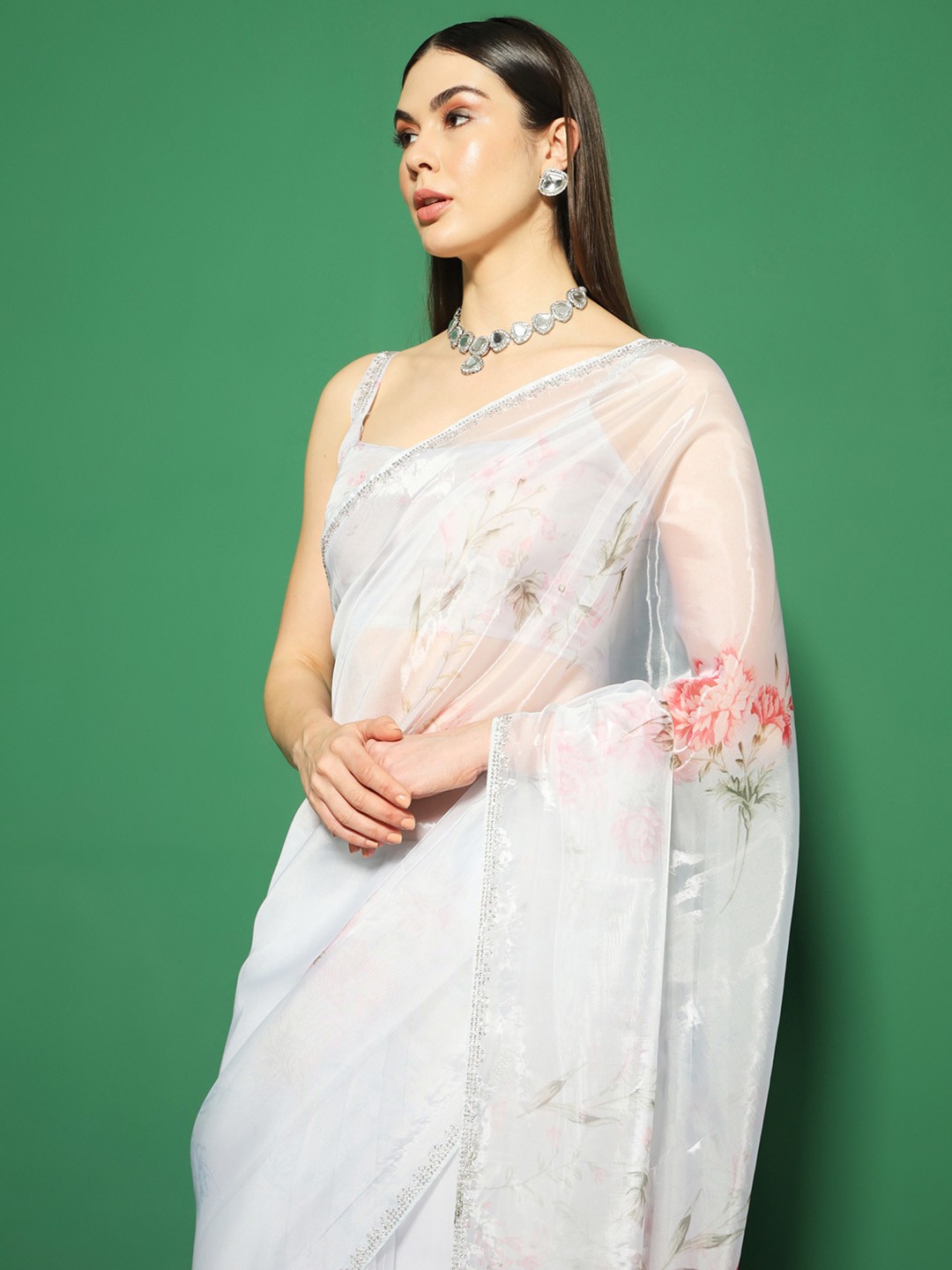 

Saree mall Floral Beads and Stones Organza Sarees, White