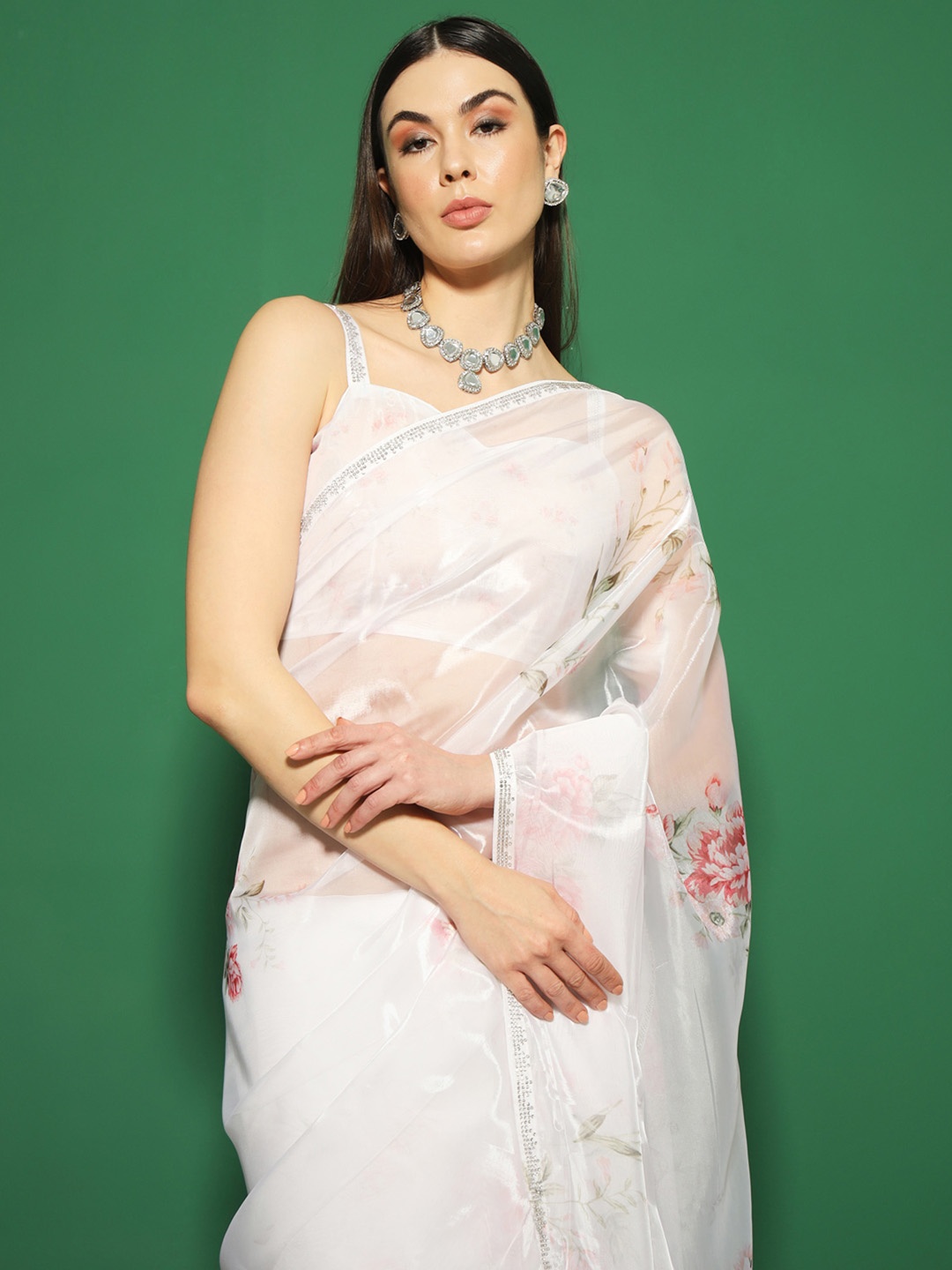 

Saree mall Floral Beads and Stones Organza Sarees, Off white